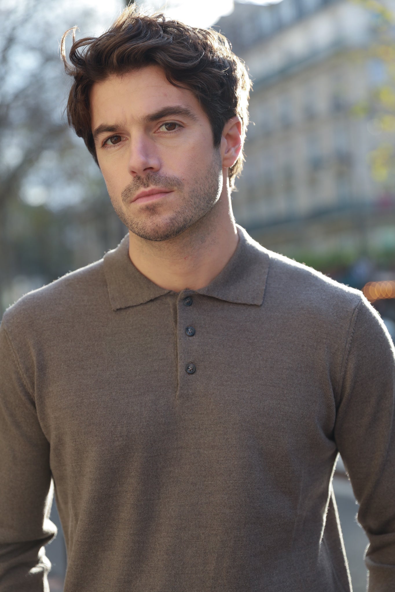 Polo manche longue en laine mérinos - Beige-PULL HOMME-Curling-Paris