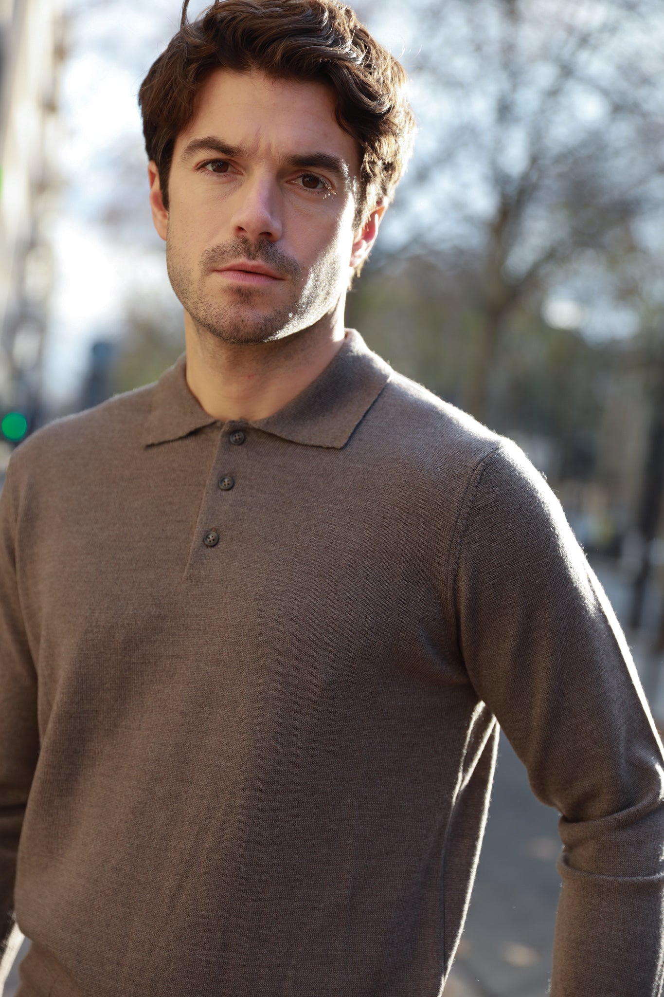 Polo manche longue en laine mérinos - Beige-PULL HOMME-Curling-Paris