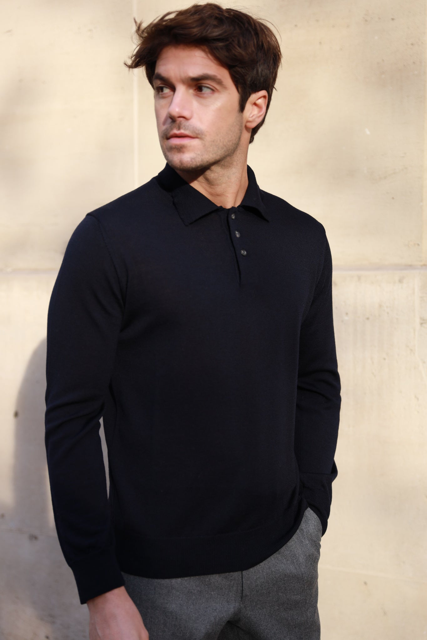 Polo manche longue en laine mérinos - Marine-PULL HOMME-Curling-Paris