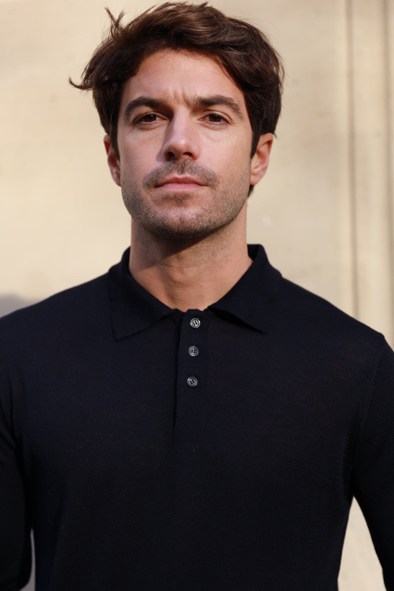 Polo manche longue en laine mérinos - Marine-PULL HOMME-Curling-Paris