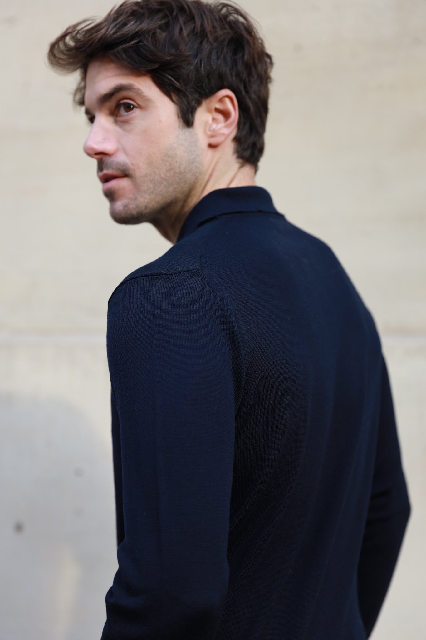 Polo manche longue en laine mérinos - Marine-PULL HOMME-Curling-Paris