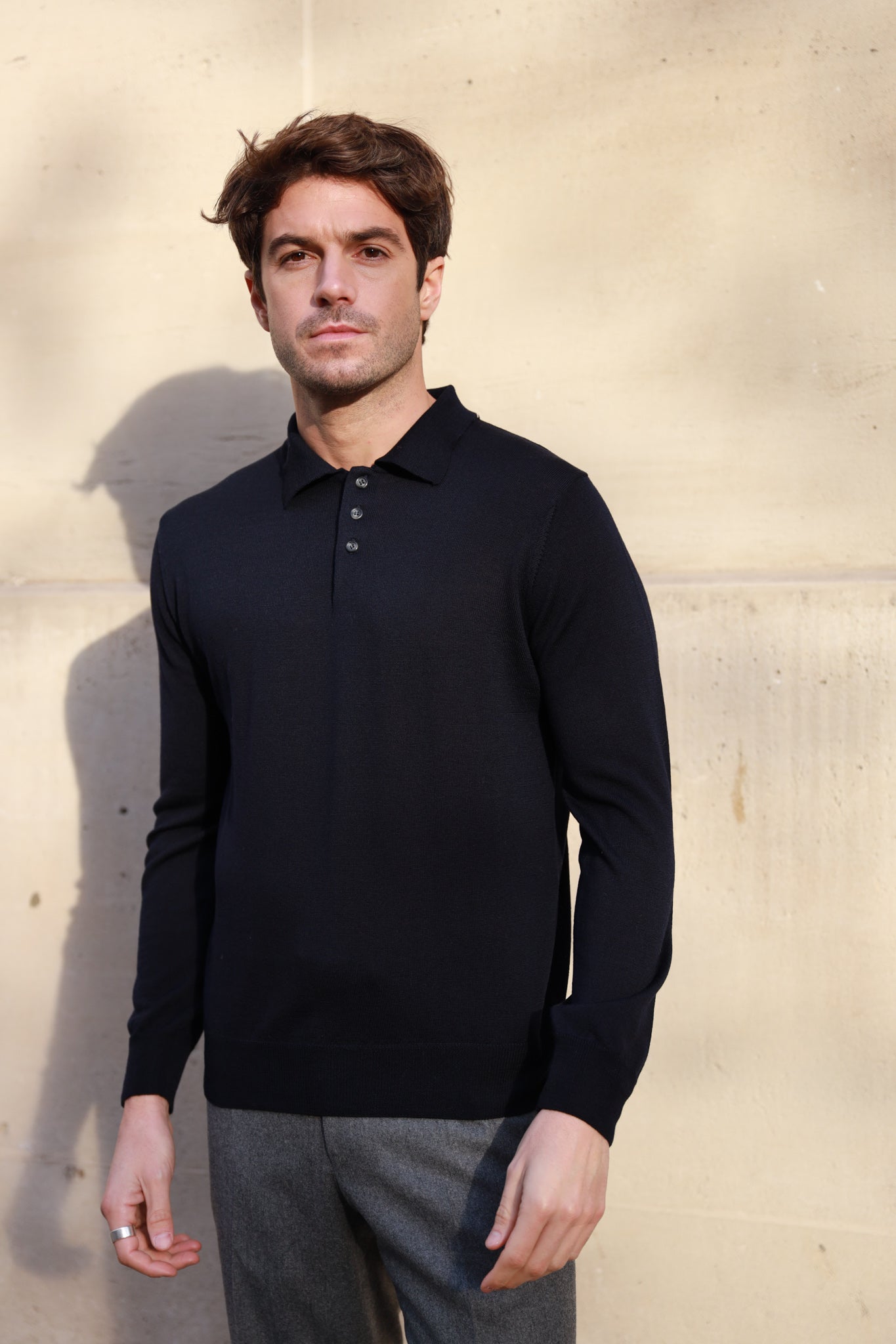 Polo manche longue en laine mérinos - Marine-PULL HOMME-Curling-Paris