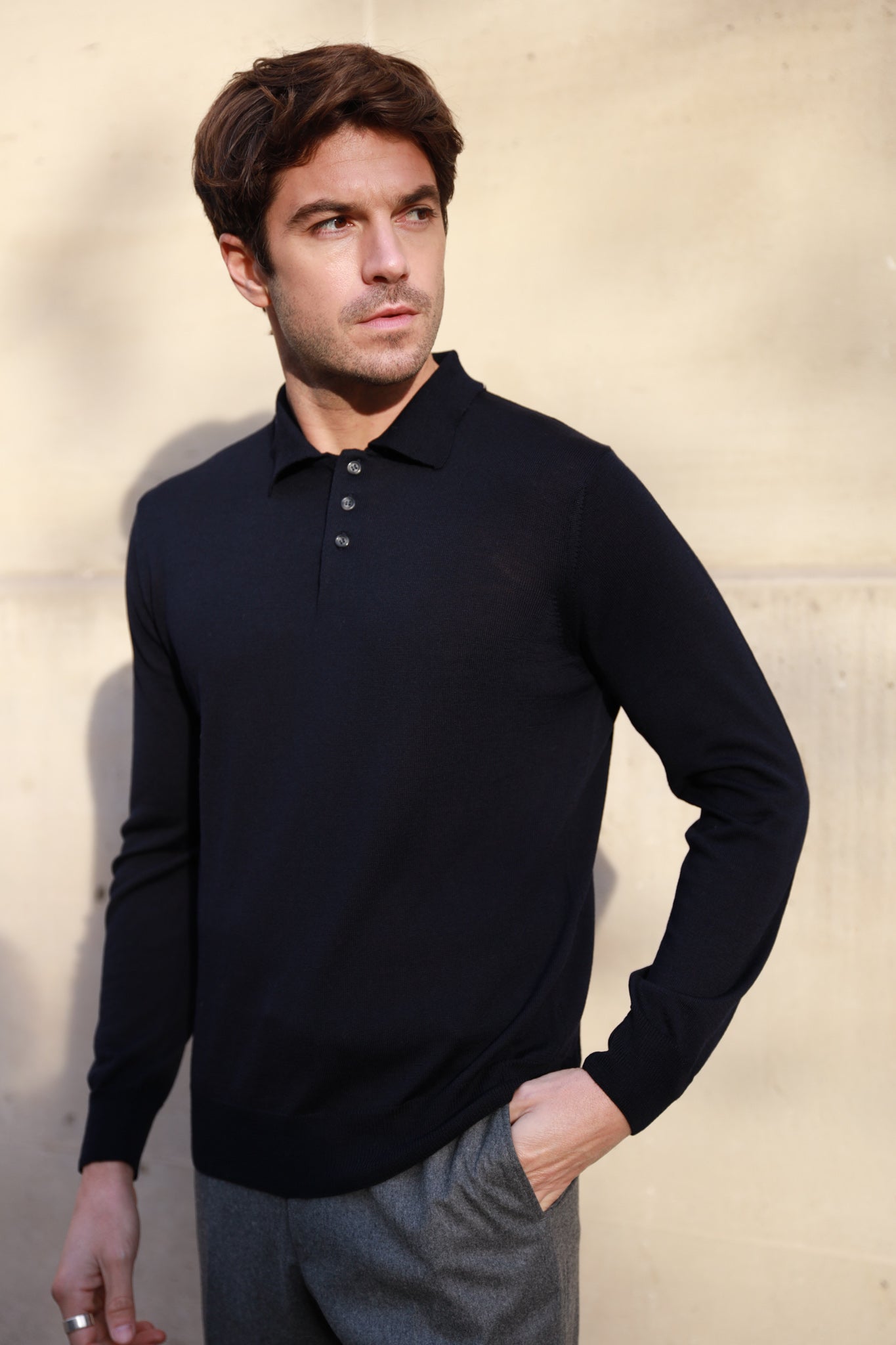 Polo manche longue en laine mérinos - Marine-PULL HOMME-Curling-Paris