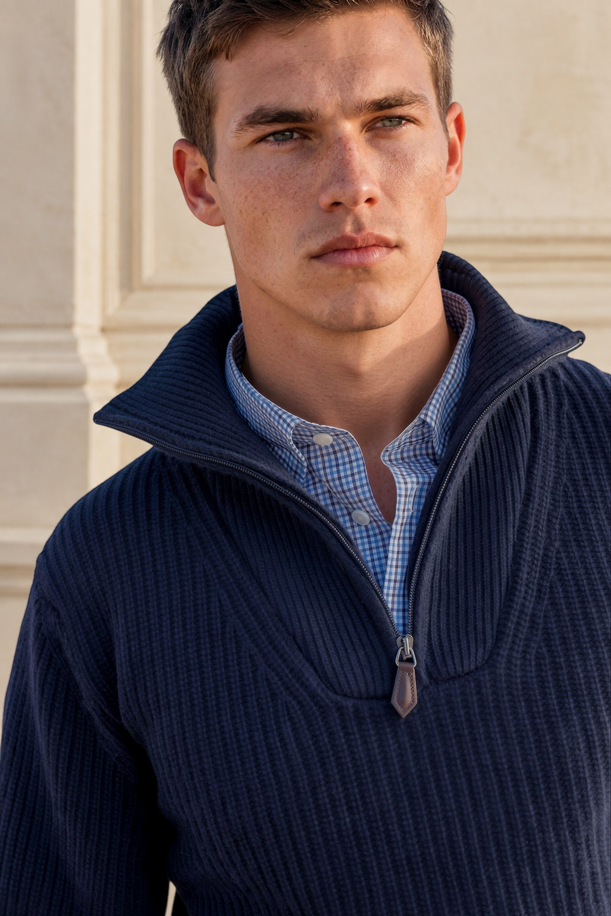 Pull Alonzo col zippé 100% laine - Marine-PULL HOMME-Curling-Paris