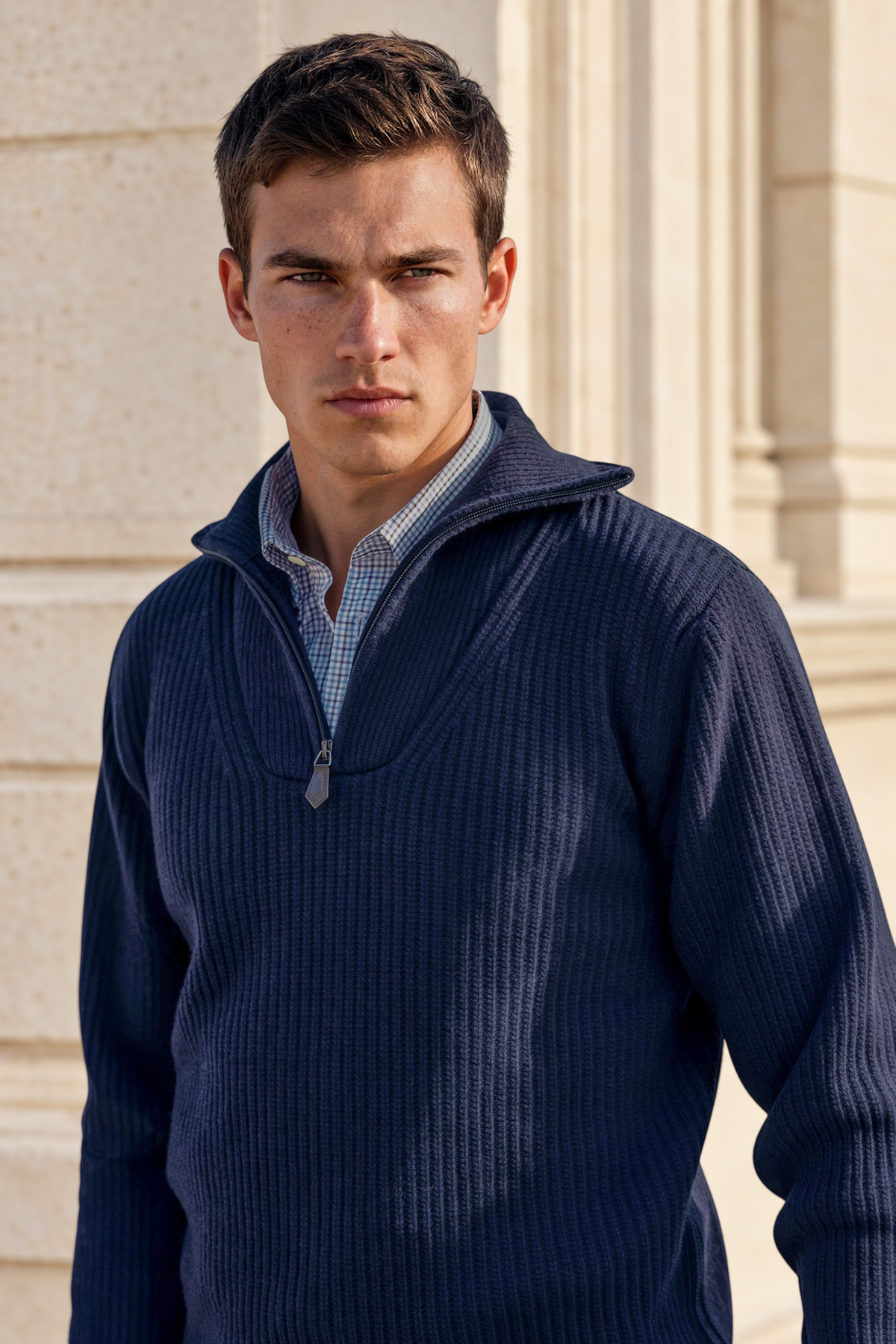 Pull Alonzo col zippé 100% laine - Marine-PULL HOMME-Curling-Paris