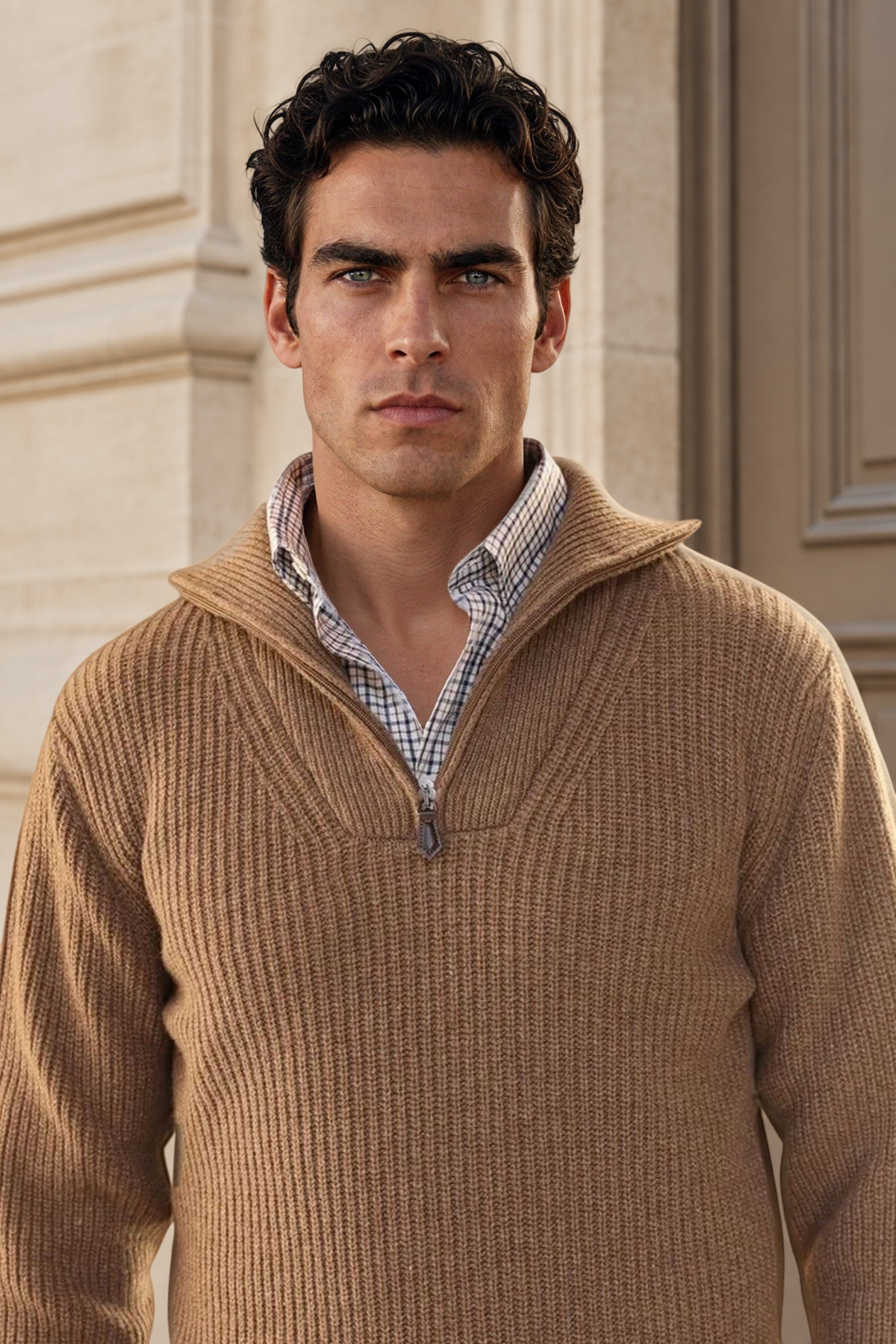 Pull Alonzo col zippé 100% laine - Marron Glacé-PULL HOMME-Curling-Paris