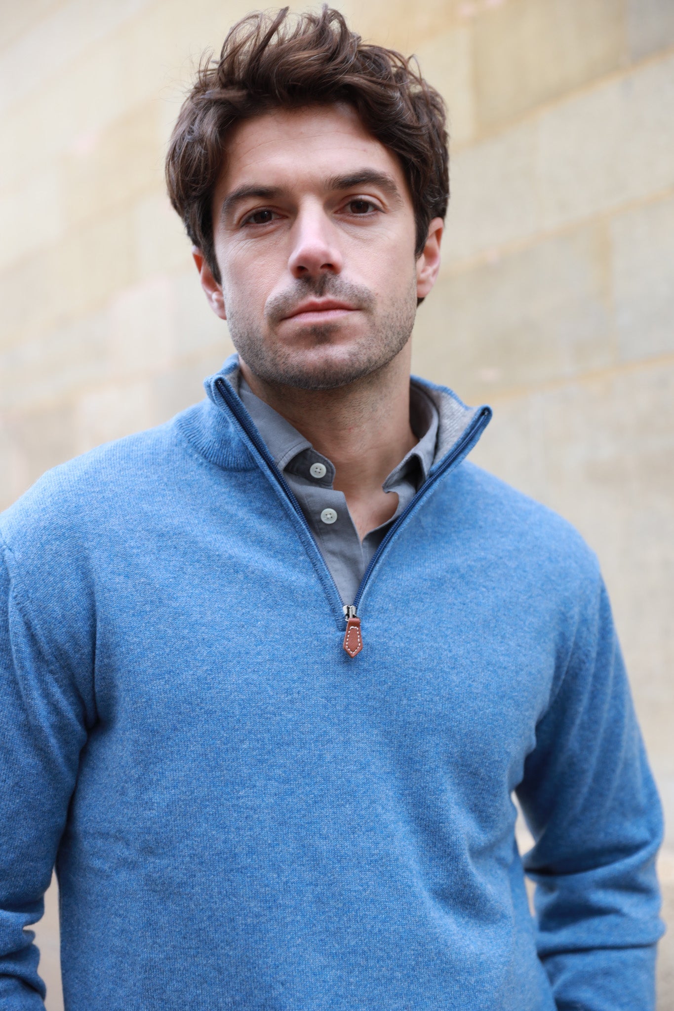 Pull Amar col zippé 100% cachemire - Bleu-PULL HOMME-Curling-Paris