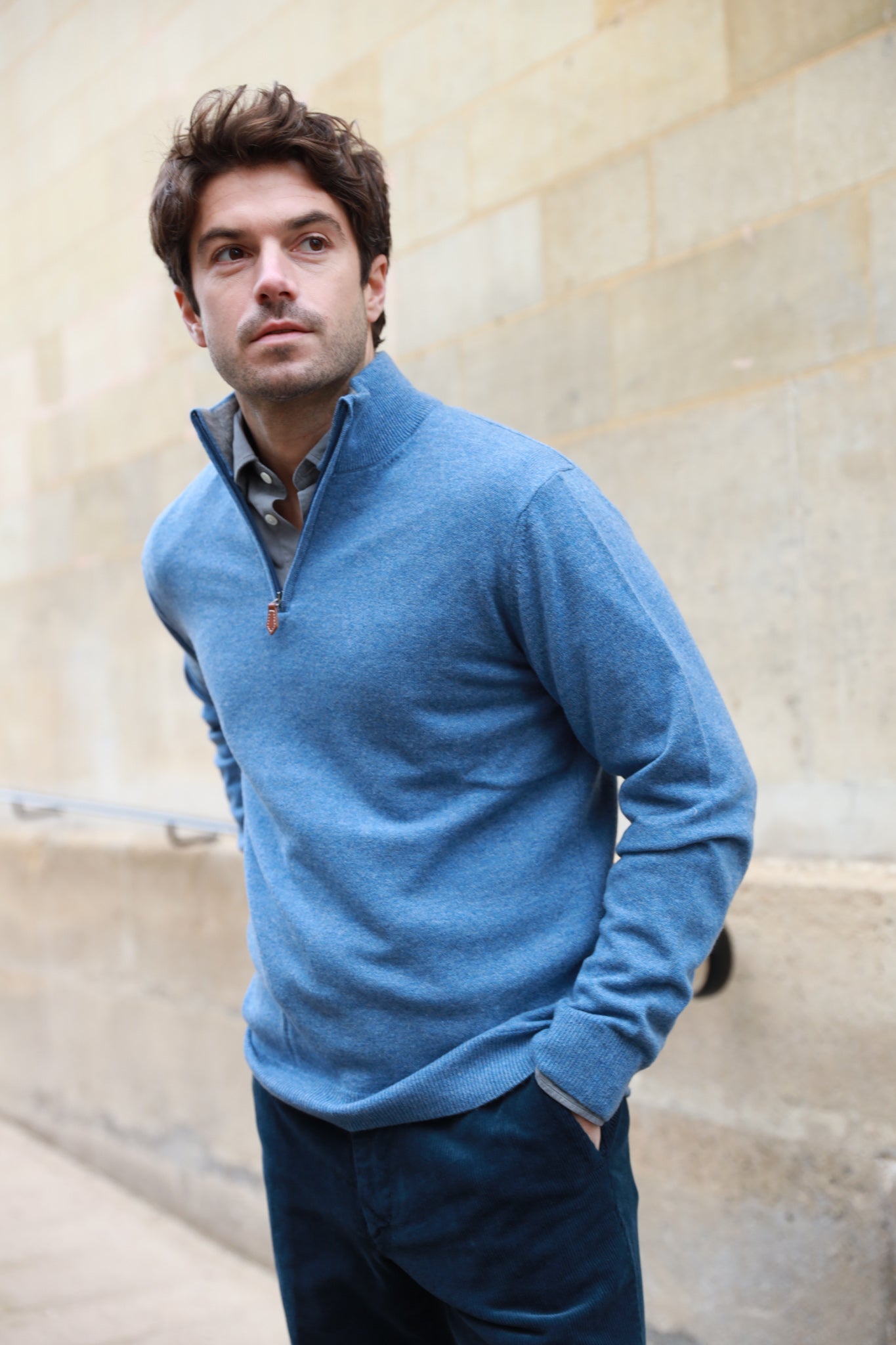 Pull Amar col zippé 100% cachemire - Bleu-PULL HOMME-Curling-Paris