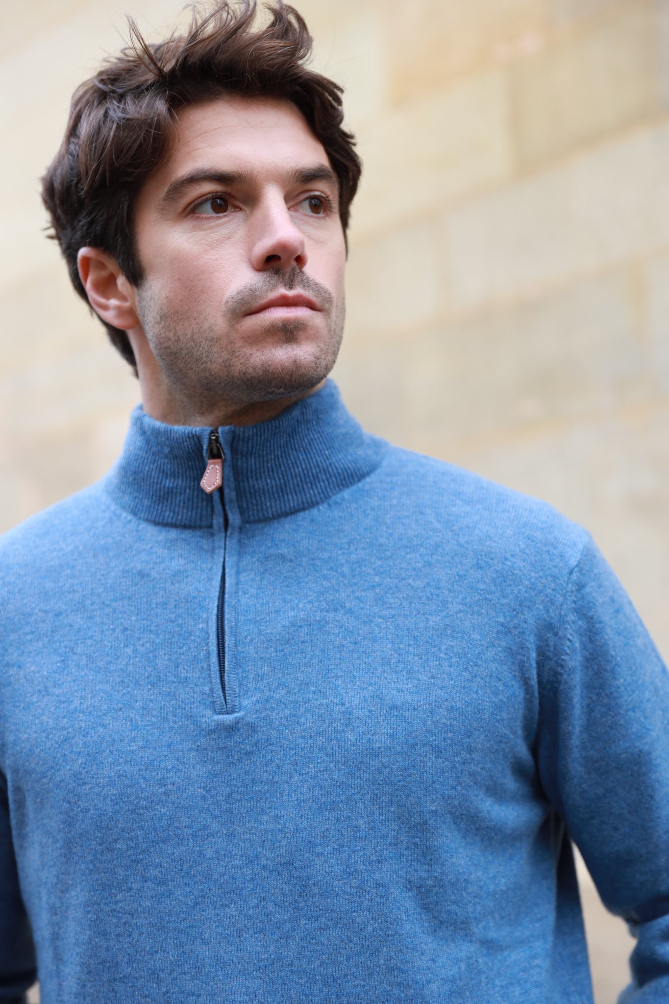 Pull Amar col zippé 100% cachemire - Bleu-PULL HOMME-Curling-Paris