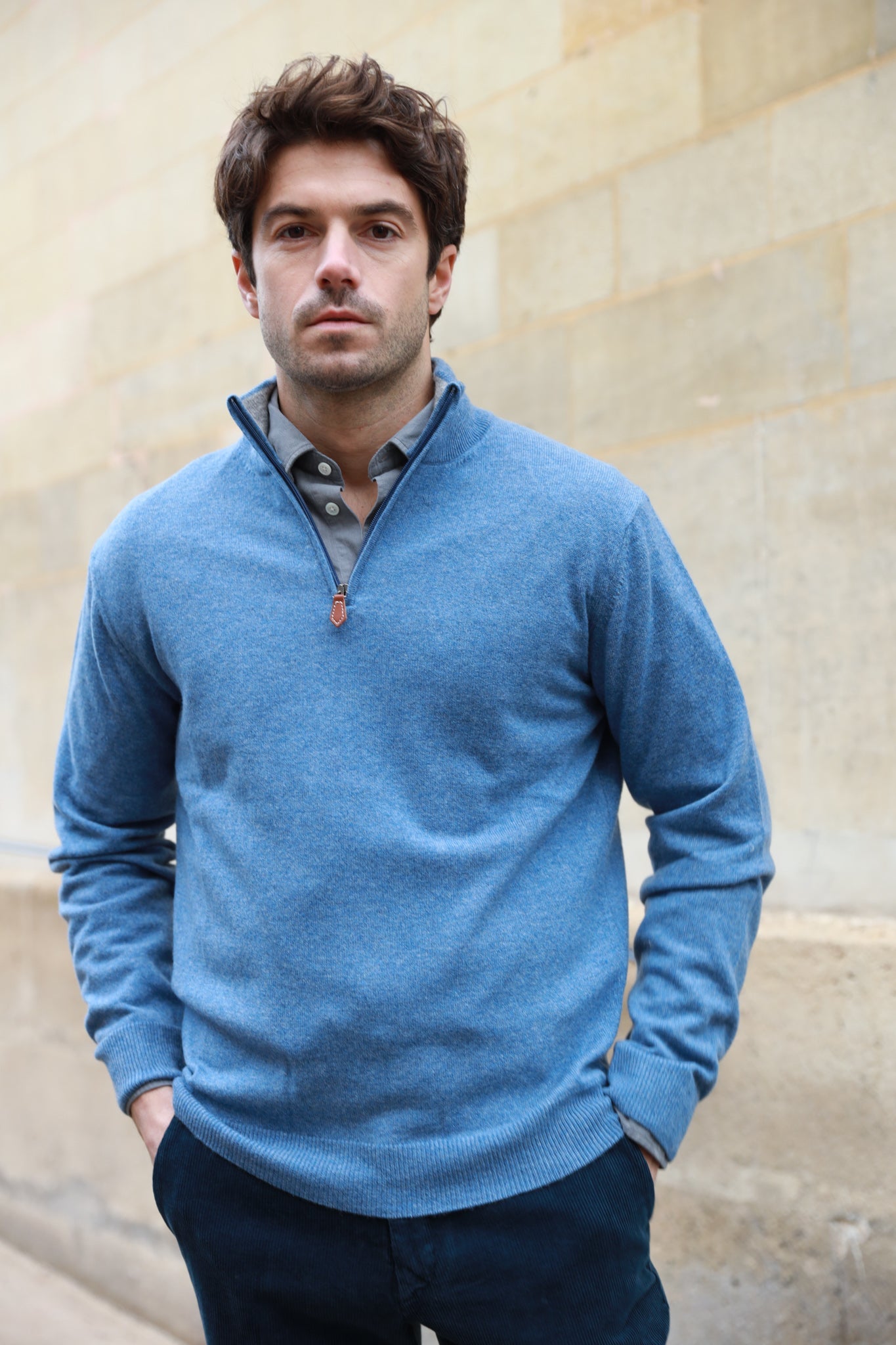 Pull Amar col zippé 100% cachemire - Bleu-PULL HOMME-Curling-Paris
