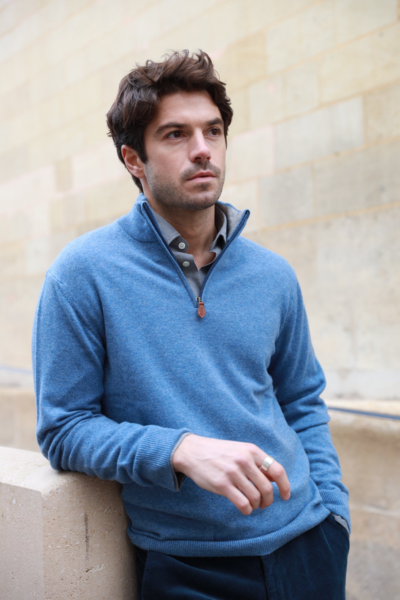 Pull Amar col zippé 100% cachemire - Bleu-PULL HOMME-Curling-Paris