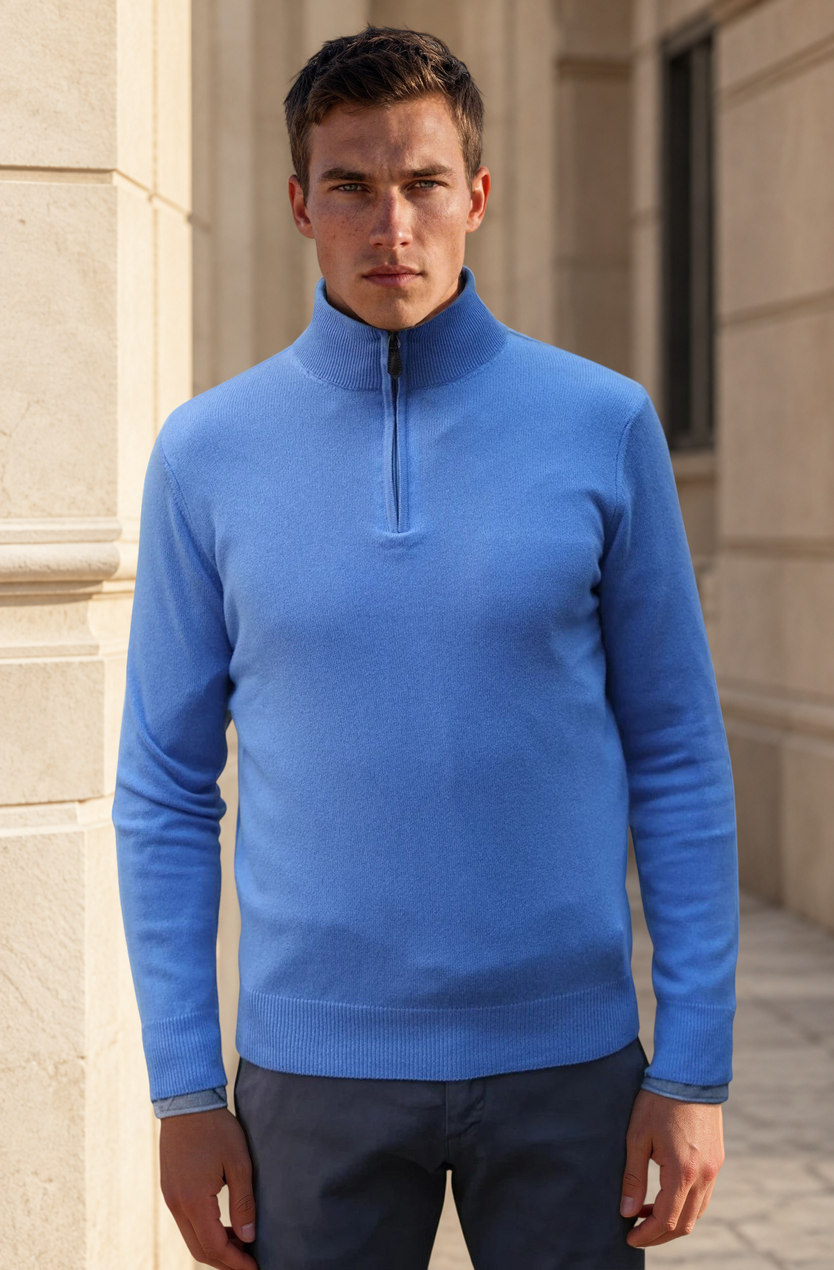 Pull Amar col zippé 100% cachemire - Bleu ciel-PULL HOMME-Curling-Paris