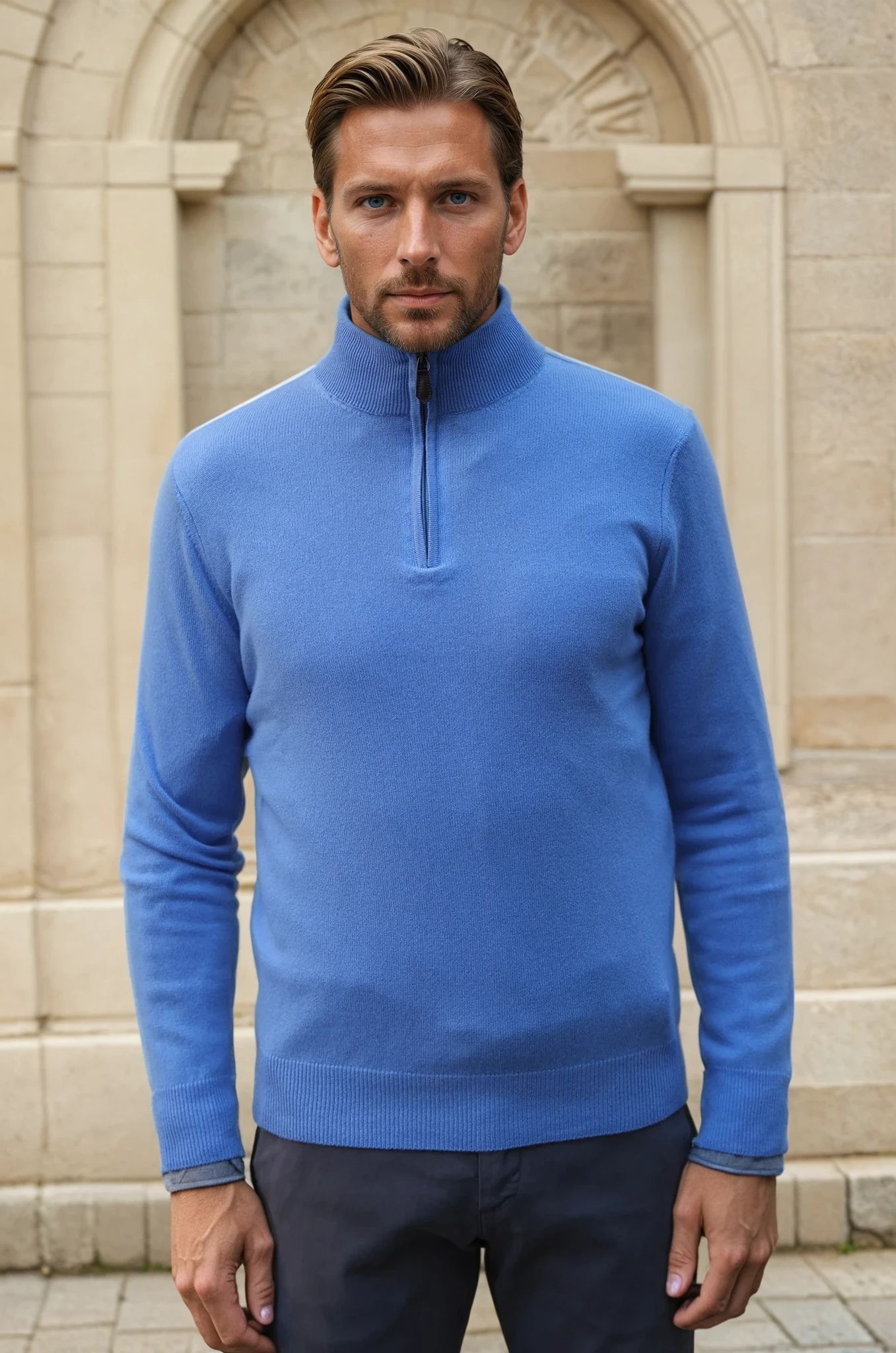 Pull Amar col zippé 100% cachemire - Bleu ciel-PULL HOMME-Curling-Paris