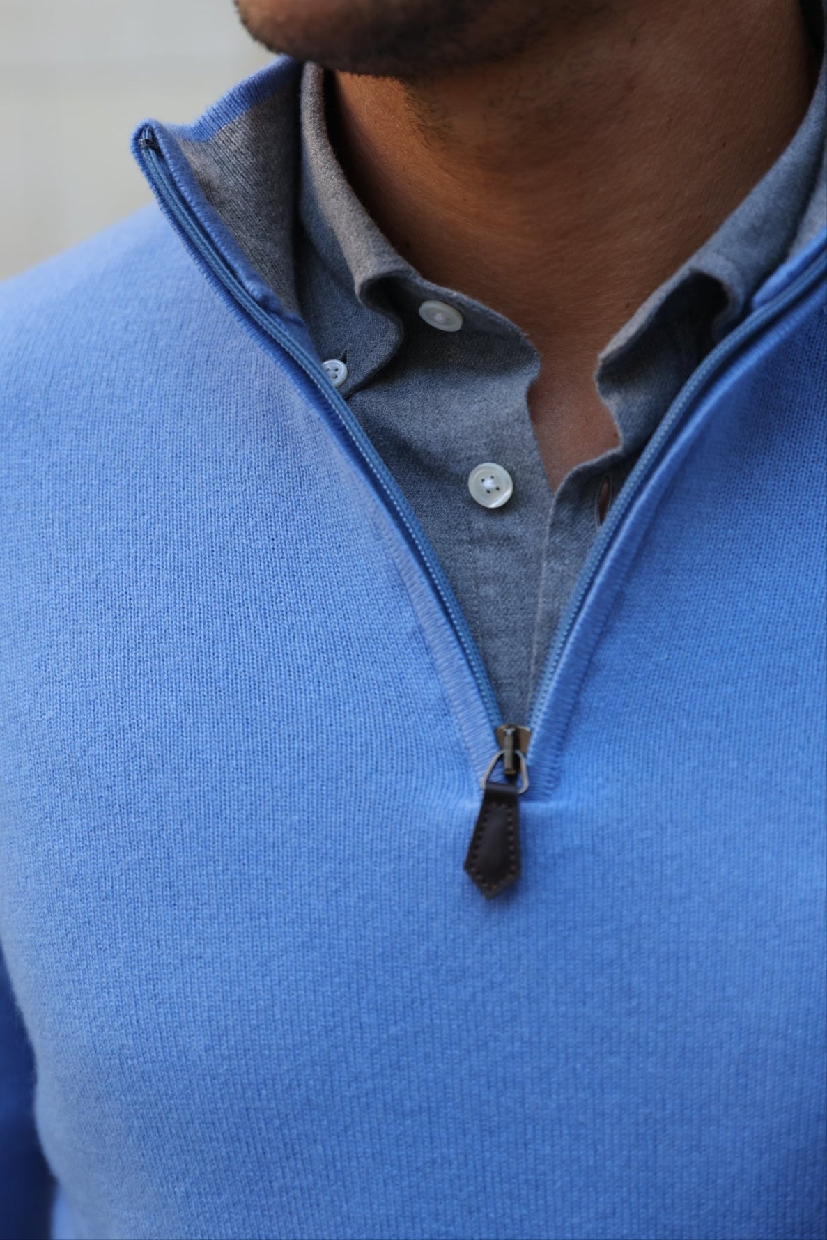 Pull Amar col zippé 100% cachemire - Bleu ciel-PULL HOMME-Curling-Paris