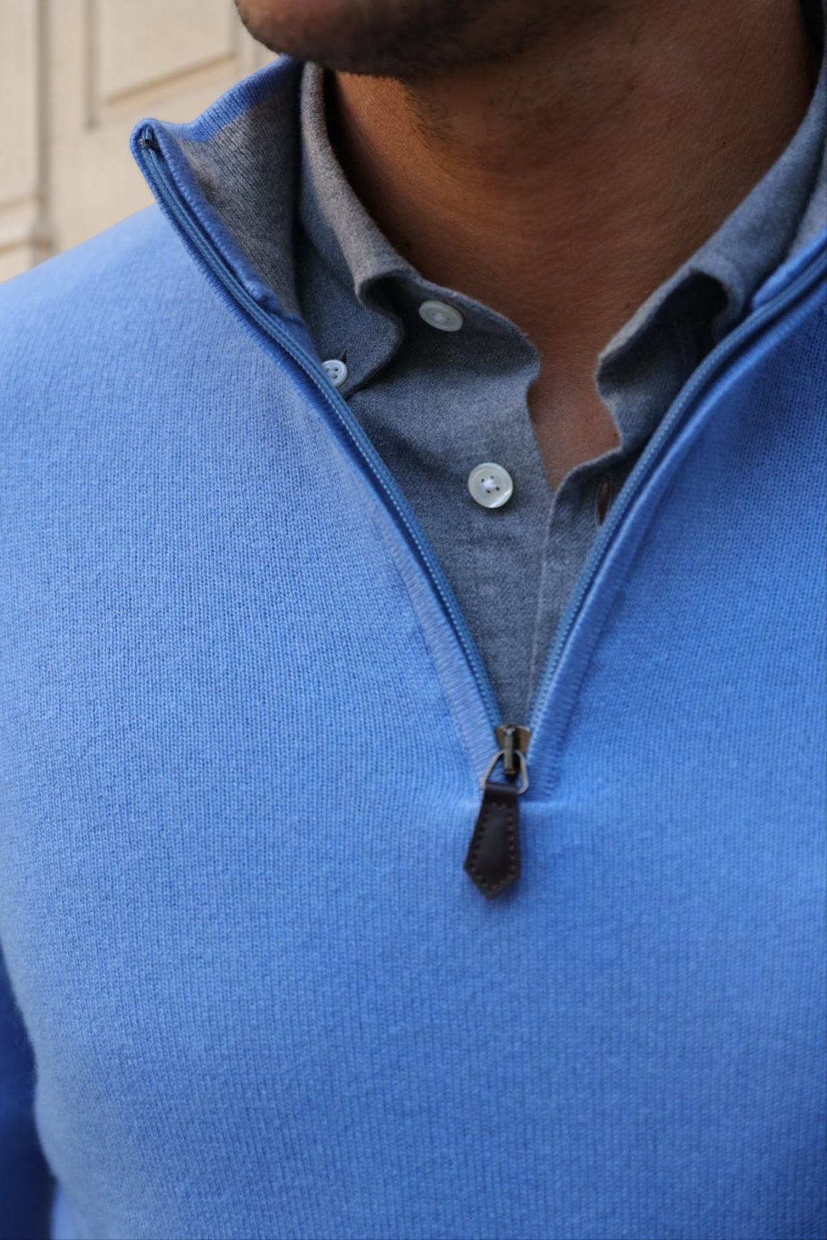 Pull Amar col zippé 100% cachemire - Bleu ciel-PULL HOMME-Curling-Paris