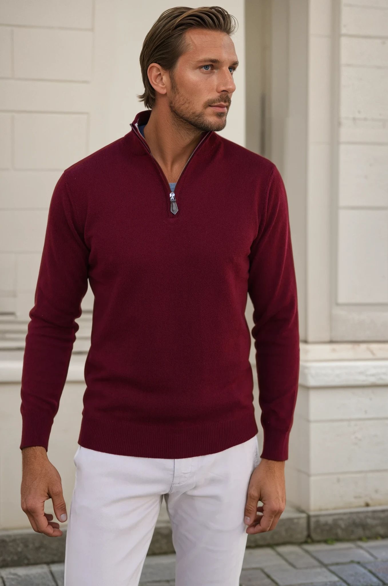 Pull Amar col zippé 100% cachemire - Bordeaux-PULL HOMME-Curling-Paris