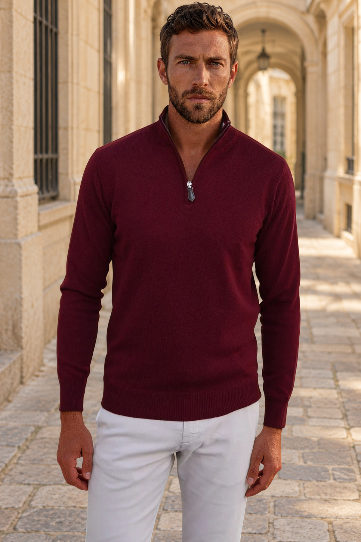 Pull Amar col zippé 100% cachemire - Bordeaux-PULL HOMME-Curling-Paris