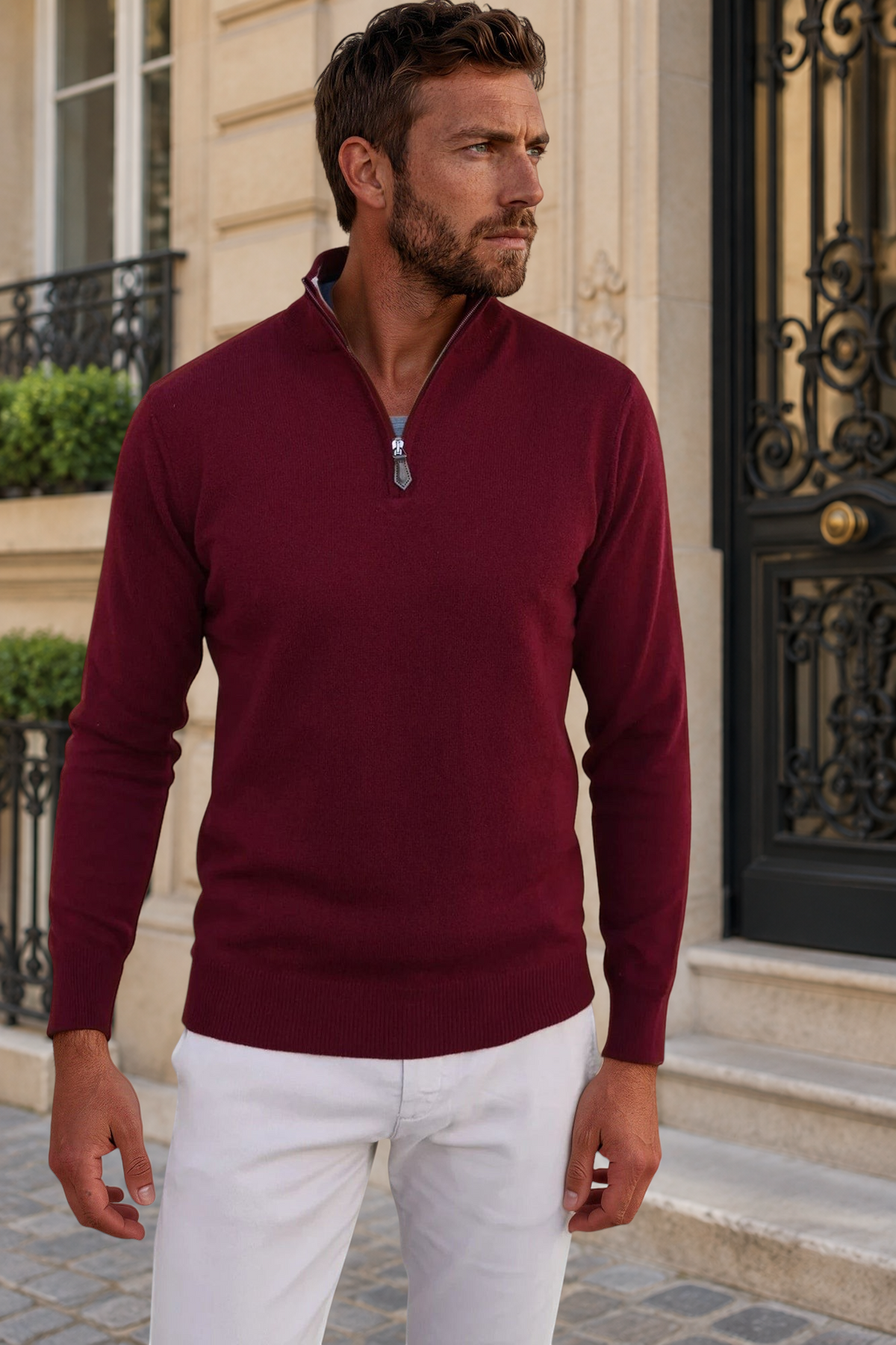 Pull Amar col zippé 100% cachemire - Bordeaux-PULL HOMME-Curling-Paris