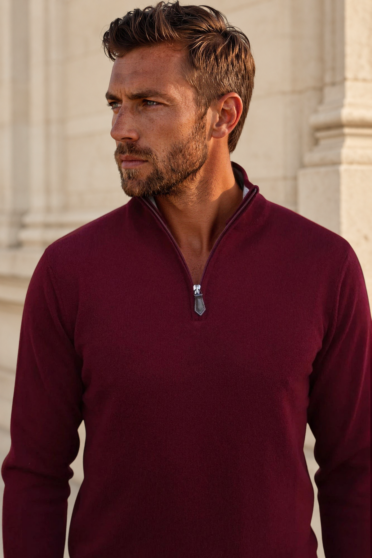 Pull Amar col zippé 100% cachemire - Bordeaux-PULL HOMME-Curling-Paris