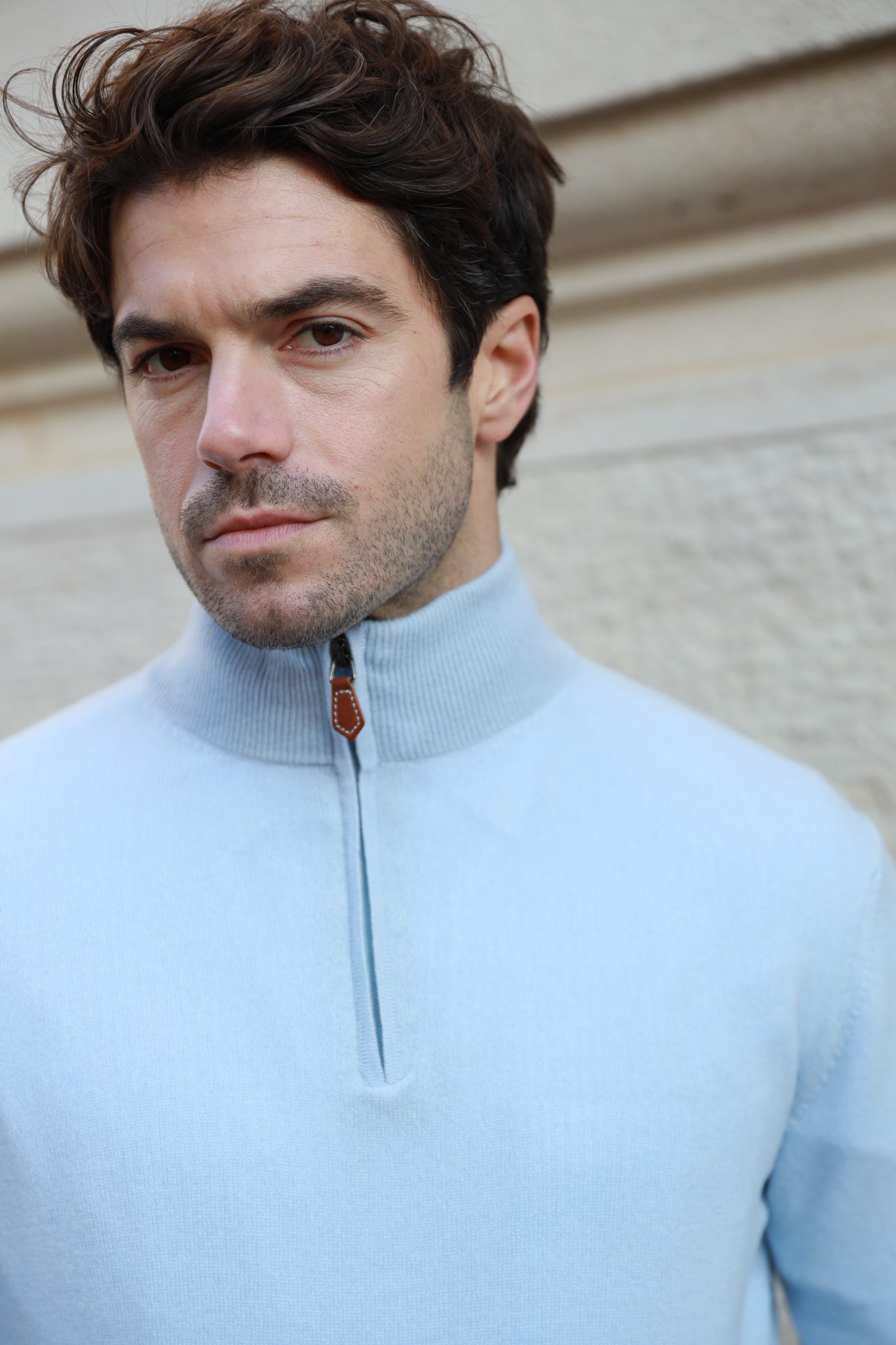Pull Amar col zippé 100% cachemire - Ciel-PULL HOMME-Curling-Paris