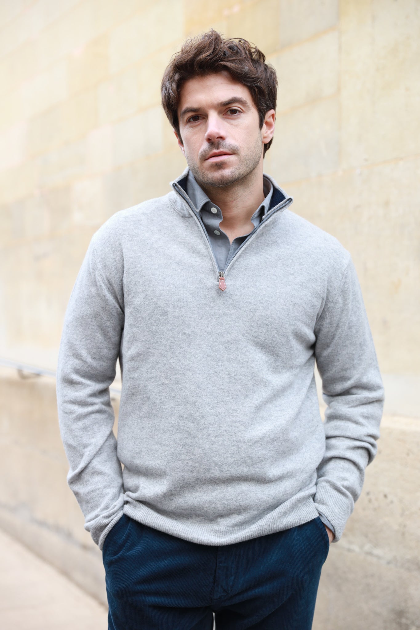 Pull Amar col zippé 100% cachemire - Gris Clair-PULL HOMME-Curling-Paris