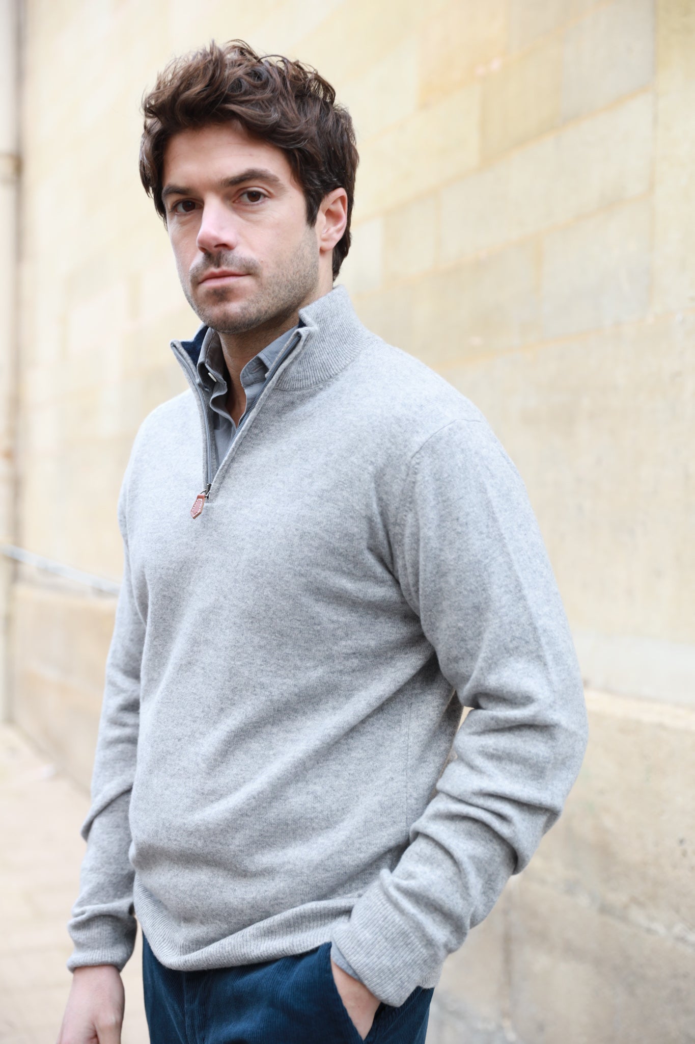 Pull Amar col zippé 100% cachemire - Gris Clair-PULL HOMME-Curling-Paris