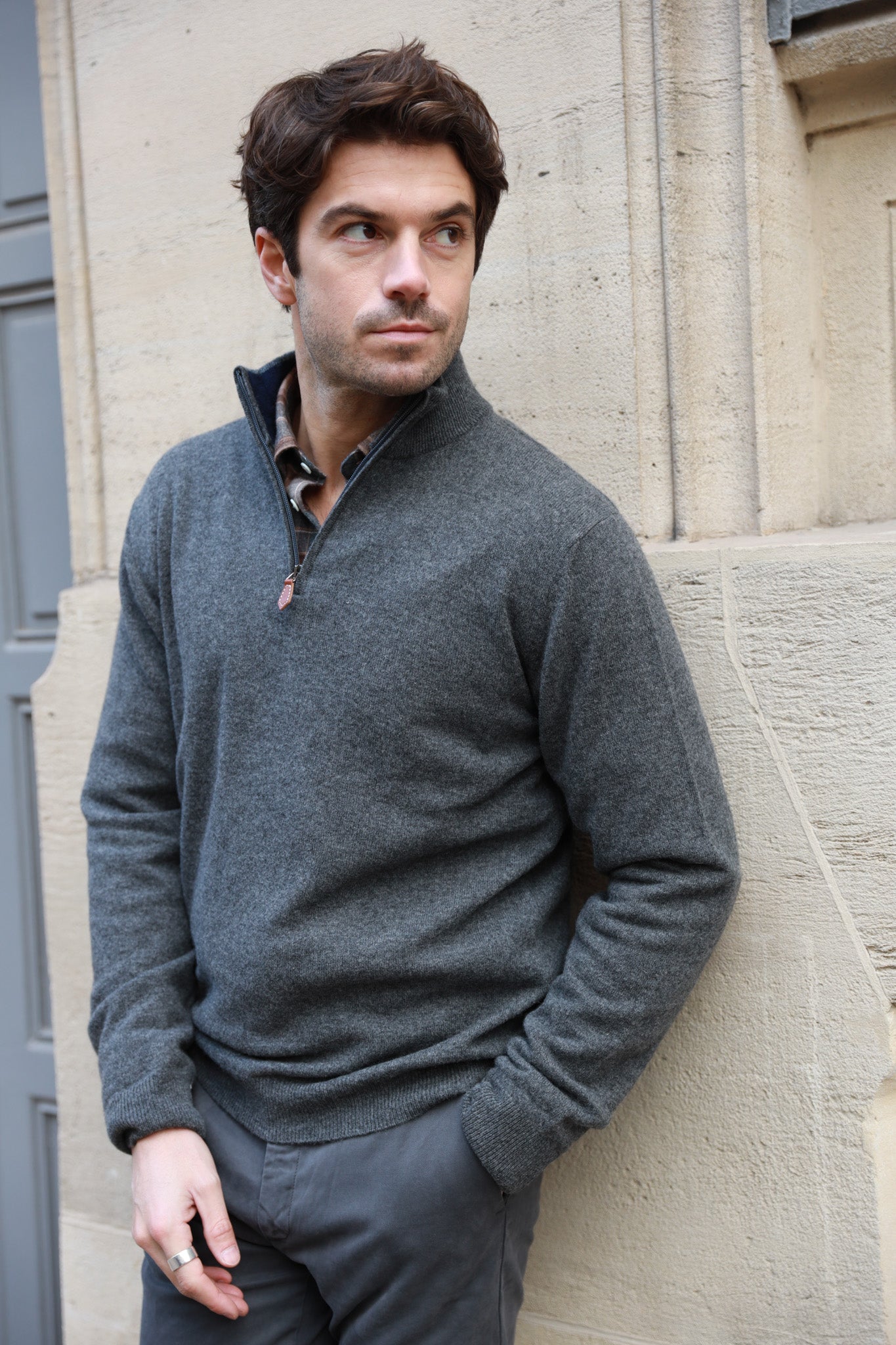 Pull Amar col zippé 100% cachemire - Gris Moyen-PULL HOMME-Curling-Paris