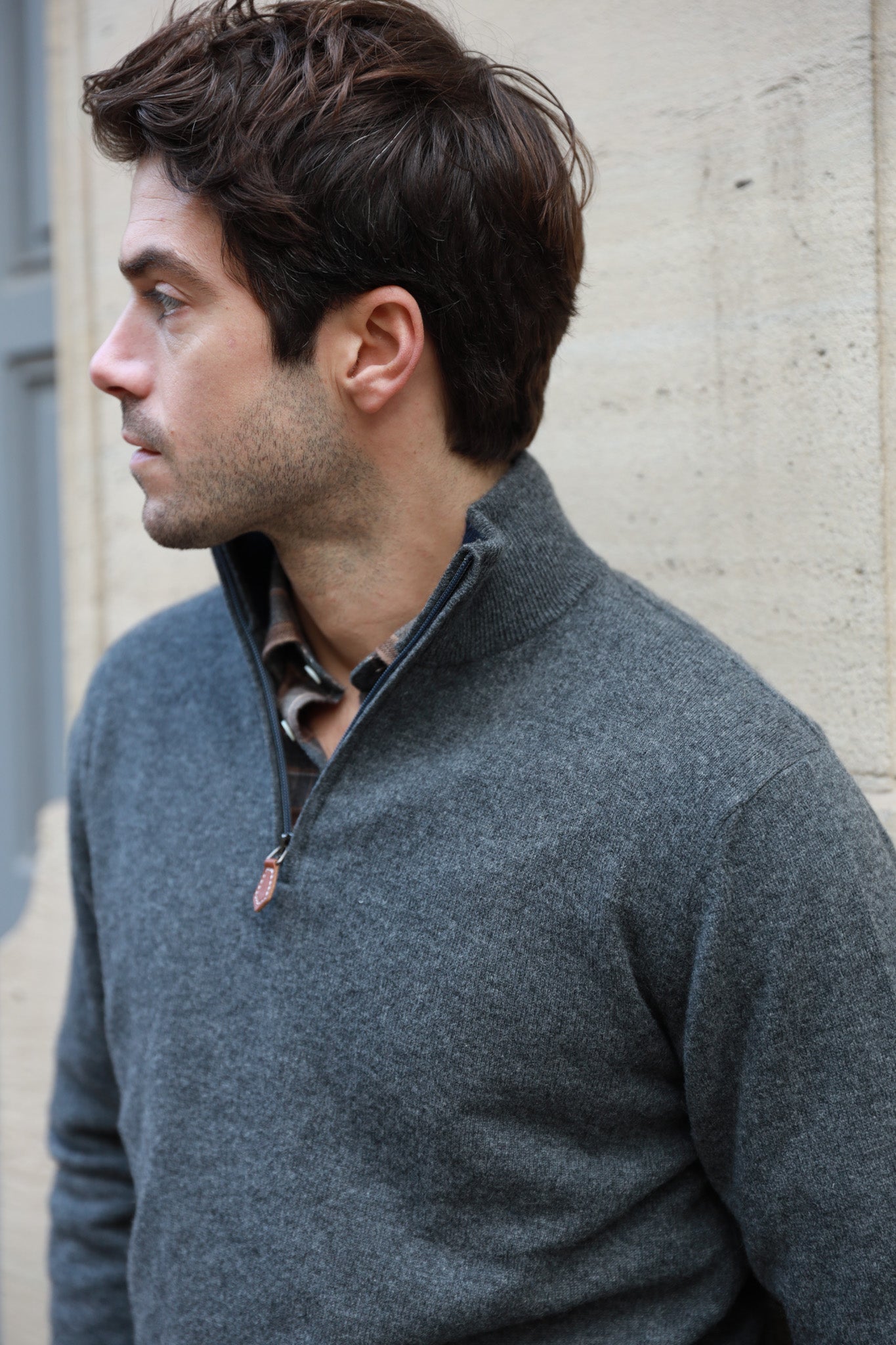 Pull Amar col zippé 100% cachemire - Gris Moyen-PULL HOMME-Curling-Paris