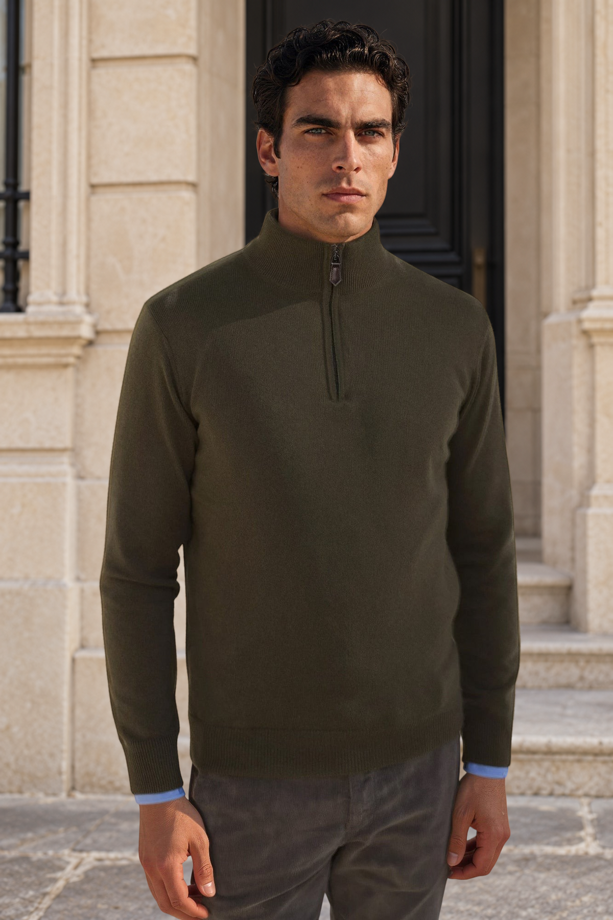 Pull Amar col zippé 100% cachemire - Kaki-PULL HOMME-Curling-Paris