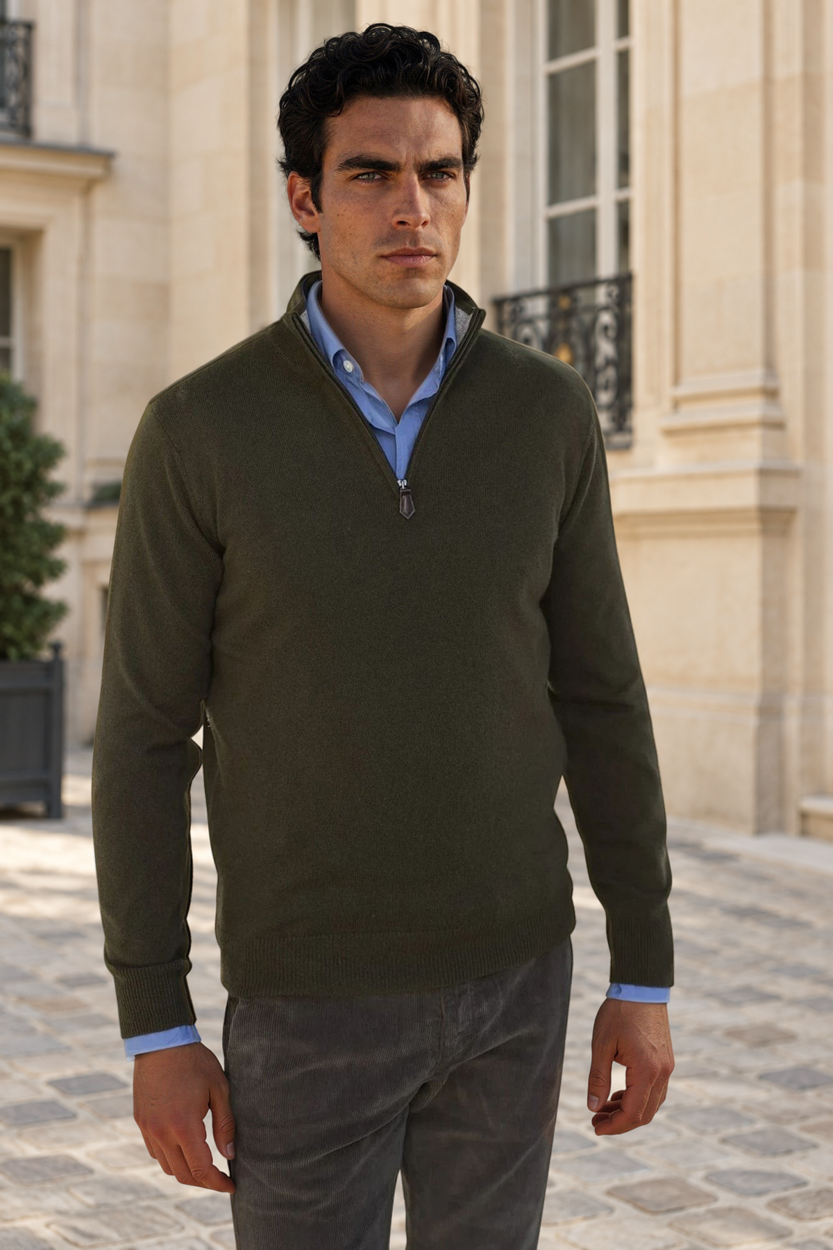 Pull Amar col zippé 100% cachemire - Kaki-PULL HOMME-Curling-Paris