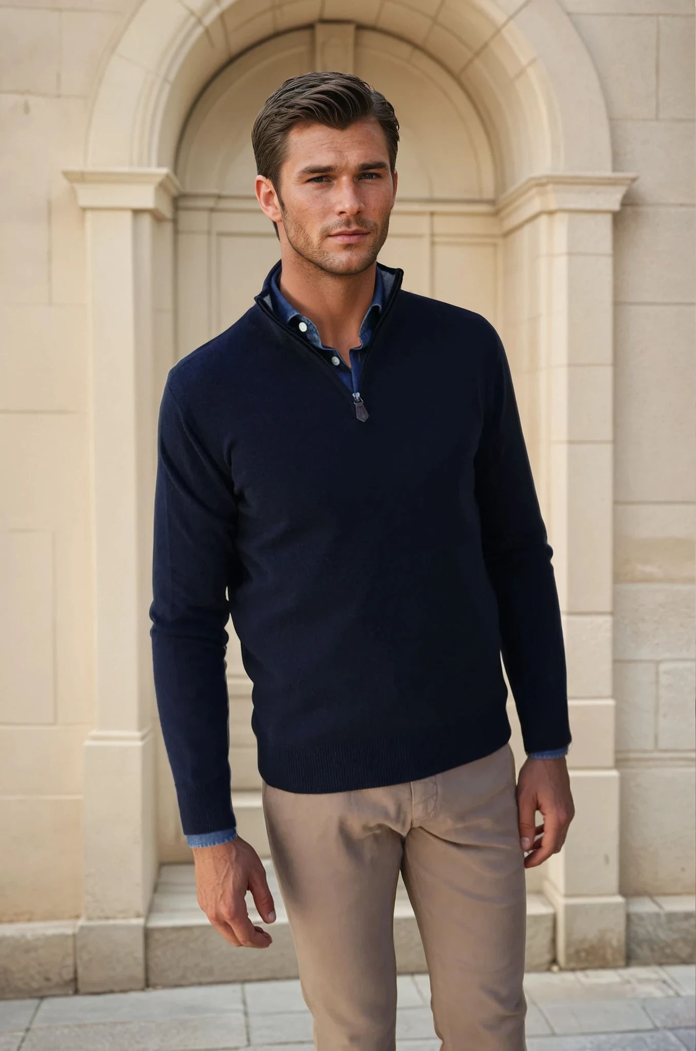 Pull Amar col zippé 100% cachemire - Marine-PULL HOMME-Curling-Paris