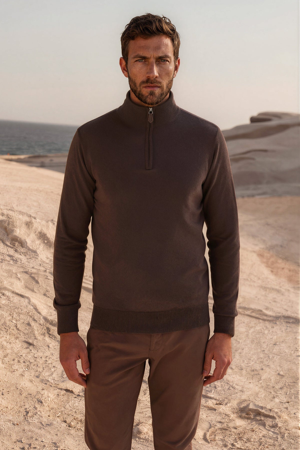 Pull Amar col zippé 100% cachemire - Marron-PULL HOMME-Curling-Paris