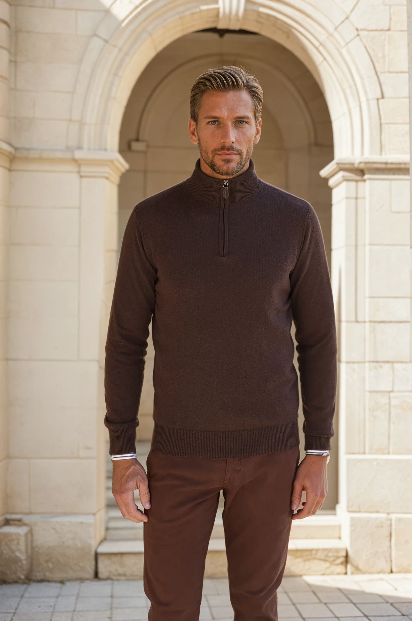 Pull Amar col zippé 100% cachemire - Marron-PULL HOMME-Curling-Paris