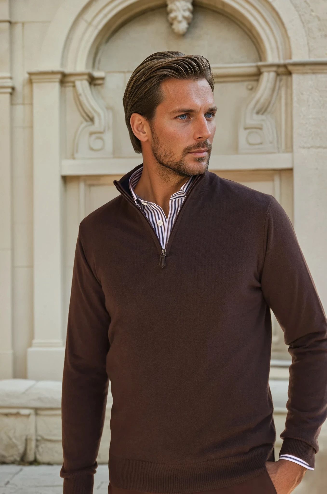 Pull Amar col zippé 100% cachemire - Marron-PULL HOMME-Curling-Paris