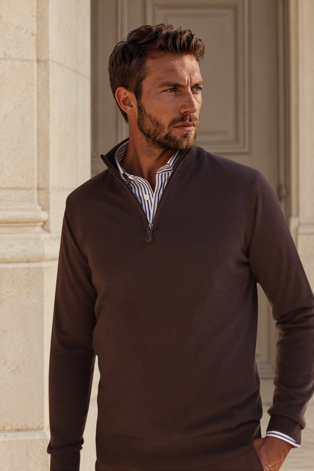 Pull Amar col zippé 100% cachemire - Marron-PULL HOMME-Curling-Paris