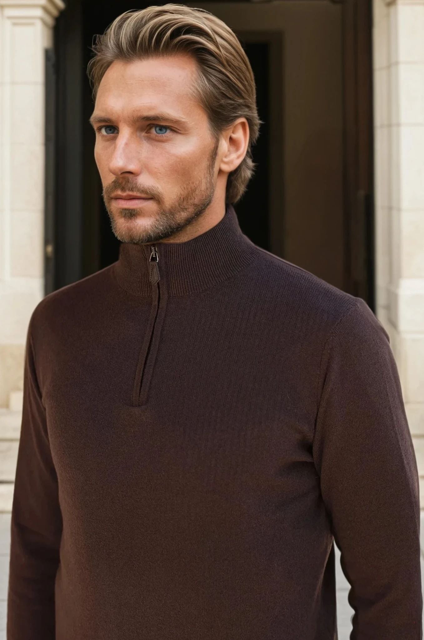 Pull Amar col zippé 100% cachemire - Marron-PULL HOMME-Curling-Paris