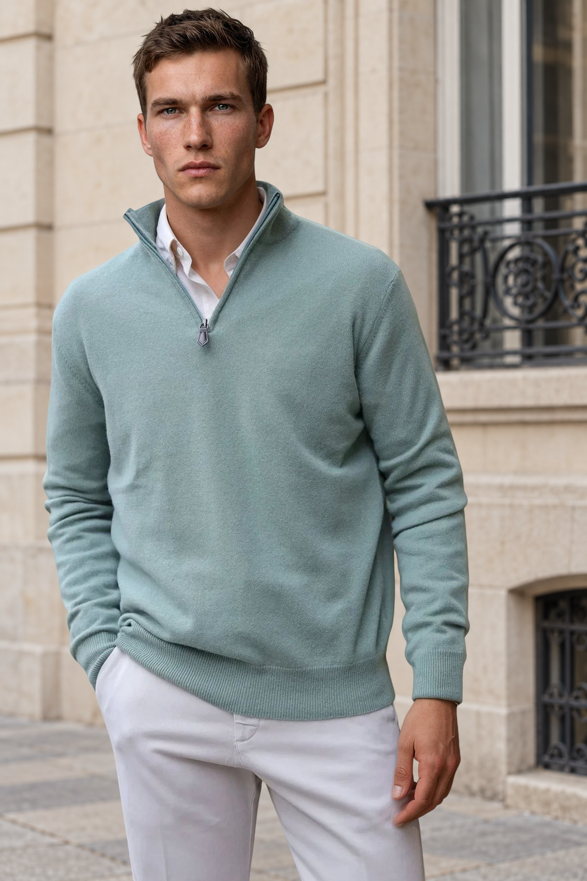 Pull Amar col zippé 100% cachemire - Sauge-PULL HOMME-Curling-Paris