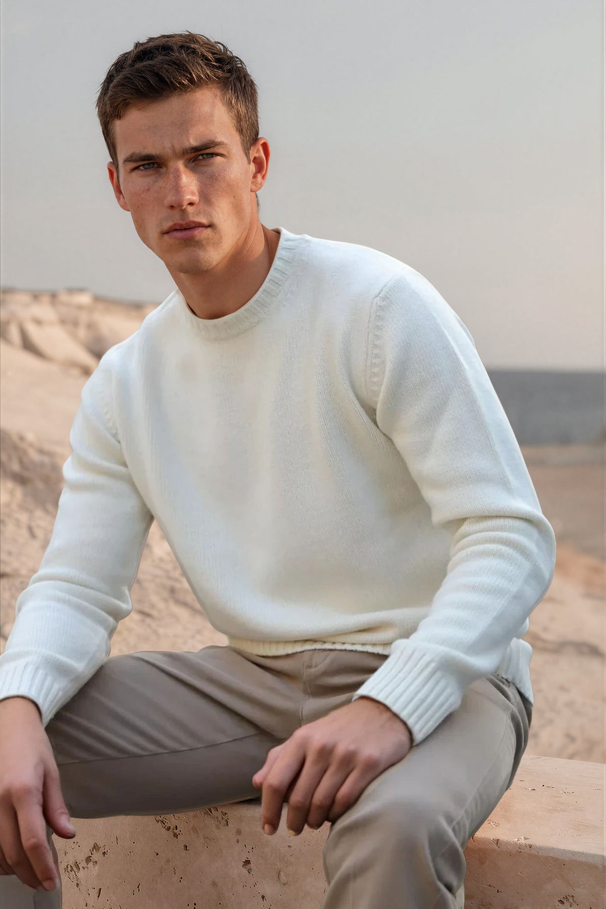Pull Arthur col rond en laine et cachemire - Ecru