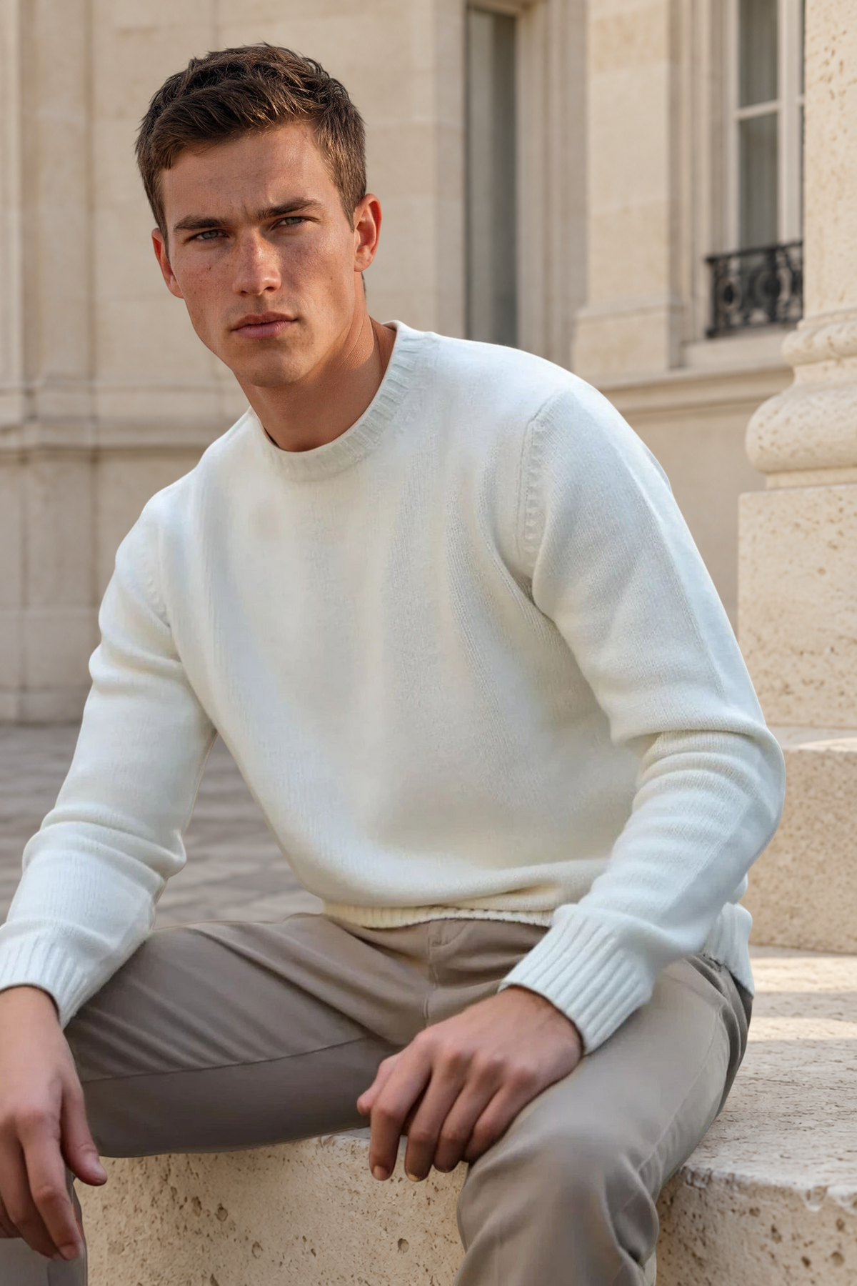 Homme portant un pull Curling Arthur écru à col rond en mélange de laine et cachemire, assis dans un décor naturel.