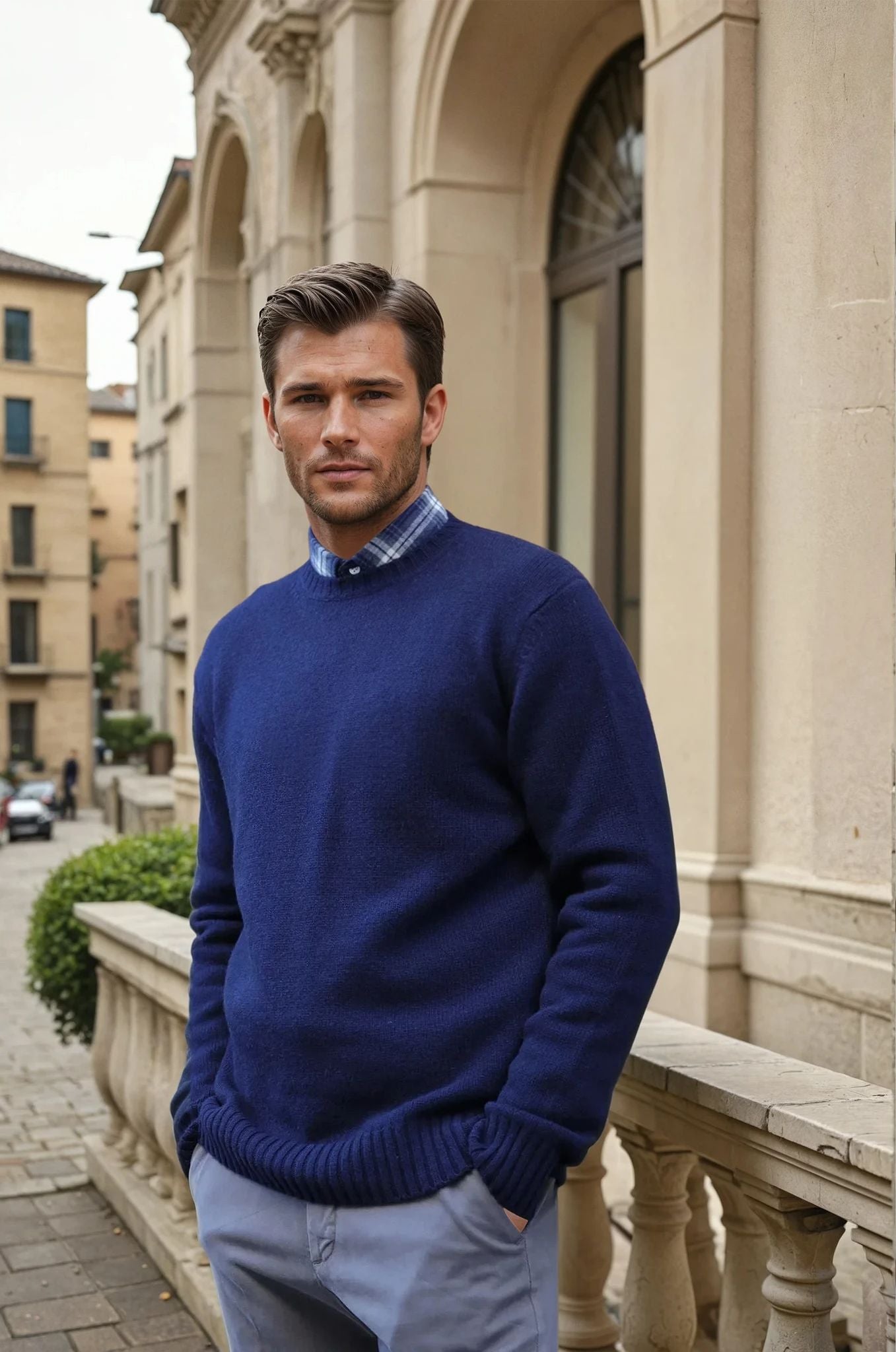 Pull Arthur col rond en laine et cachemire - Marine-PULL HOMME-Curling-Paris