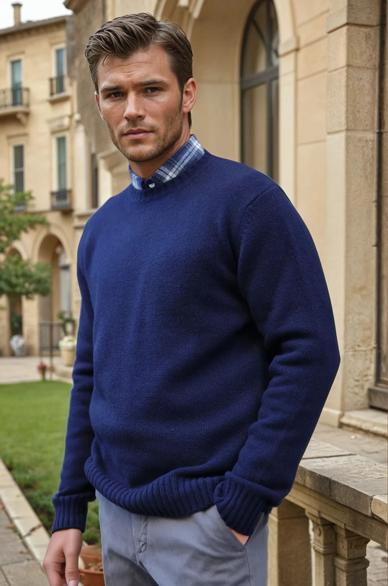 Pull Arthur col rond en laine et cachemire - Marine-PULL HOMME-Curling-Paris