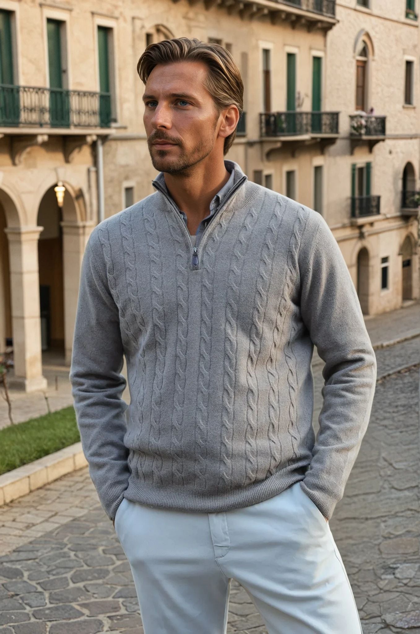 Pull Carlo à torsades col zippé en laine et cachemire - Beige-PULL HOMME-Curling-Paris