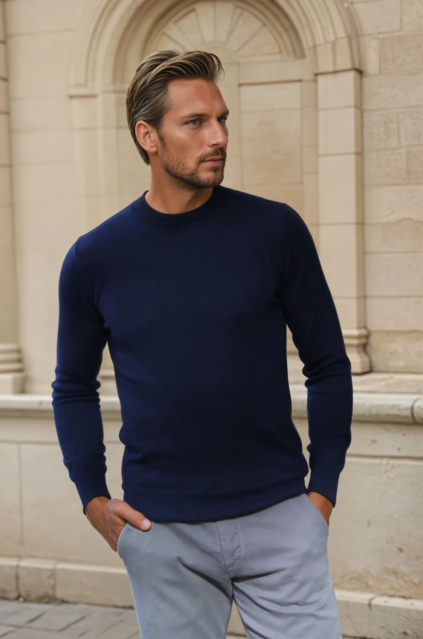 Pull Col Rond Ronan en Cachemire - Marine-PULL HOMME-Curling-Paris