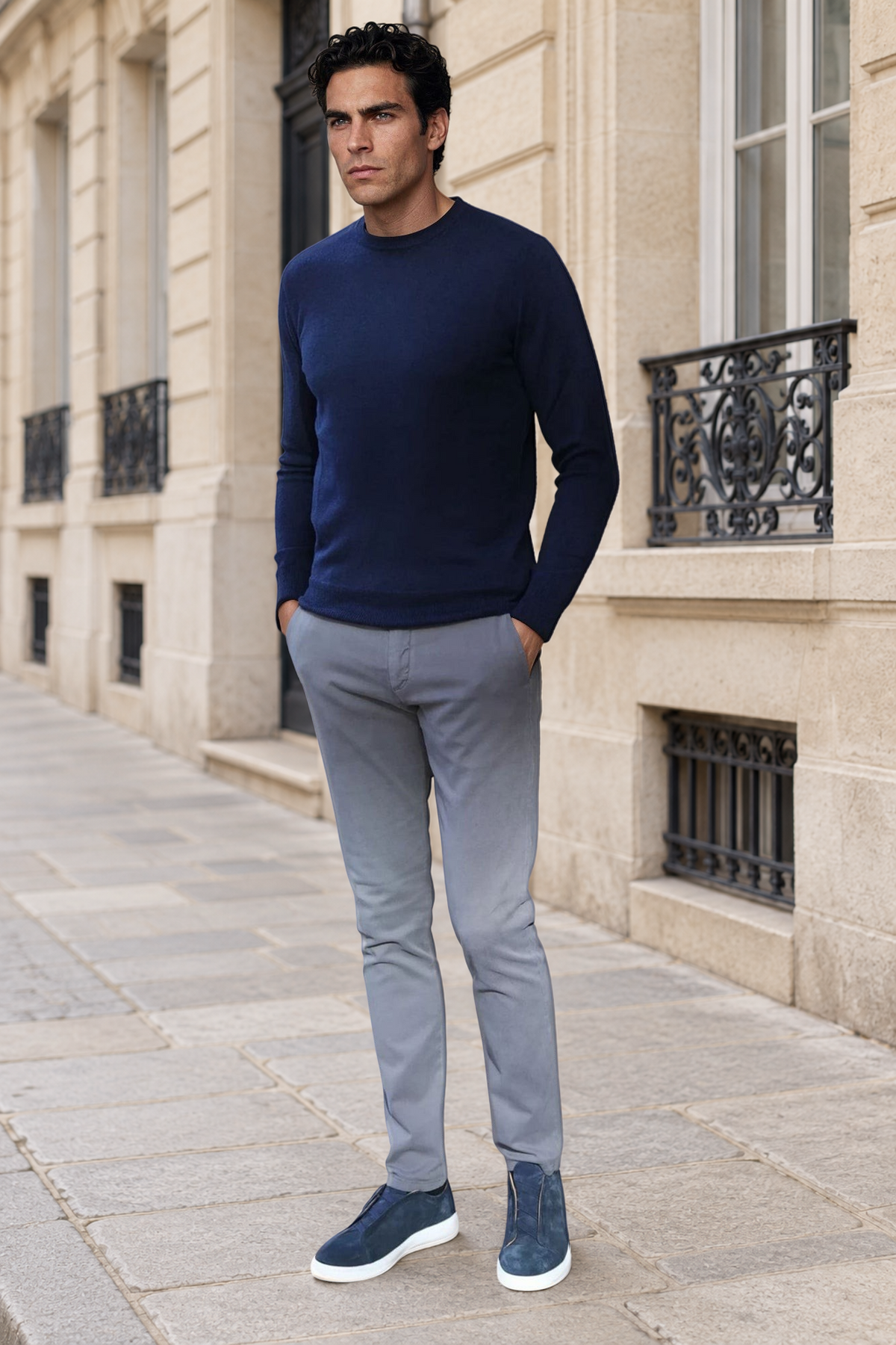 Pull Col Rond Ronan en Cachemire - Marine-PULL HOMME-Curling-Paris