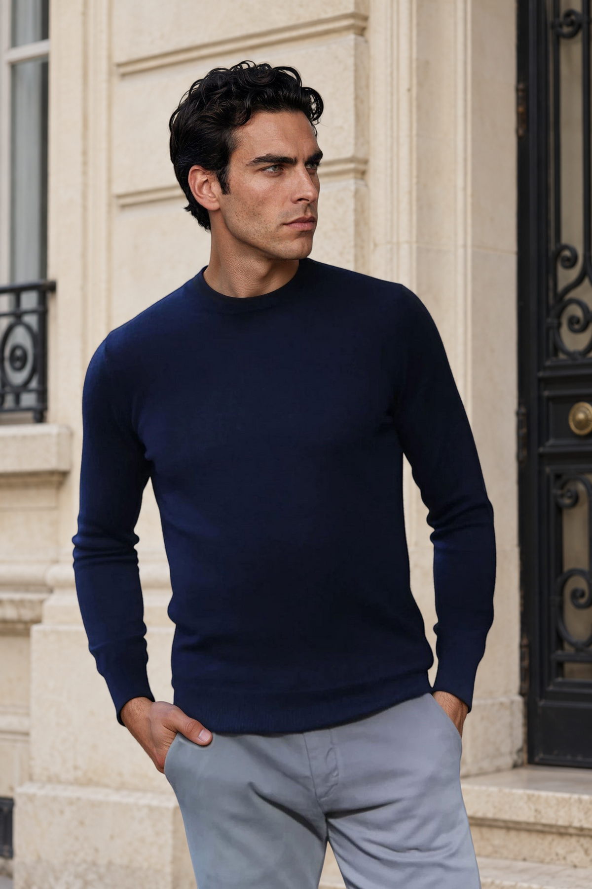 Pull Col Rond Ronan en Cachemire - Marine-PULL HOMME-Curling-Paris