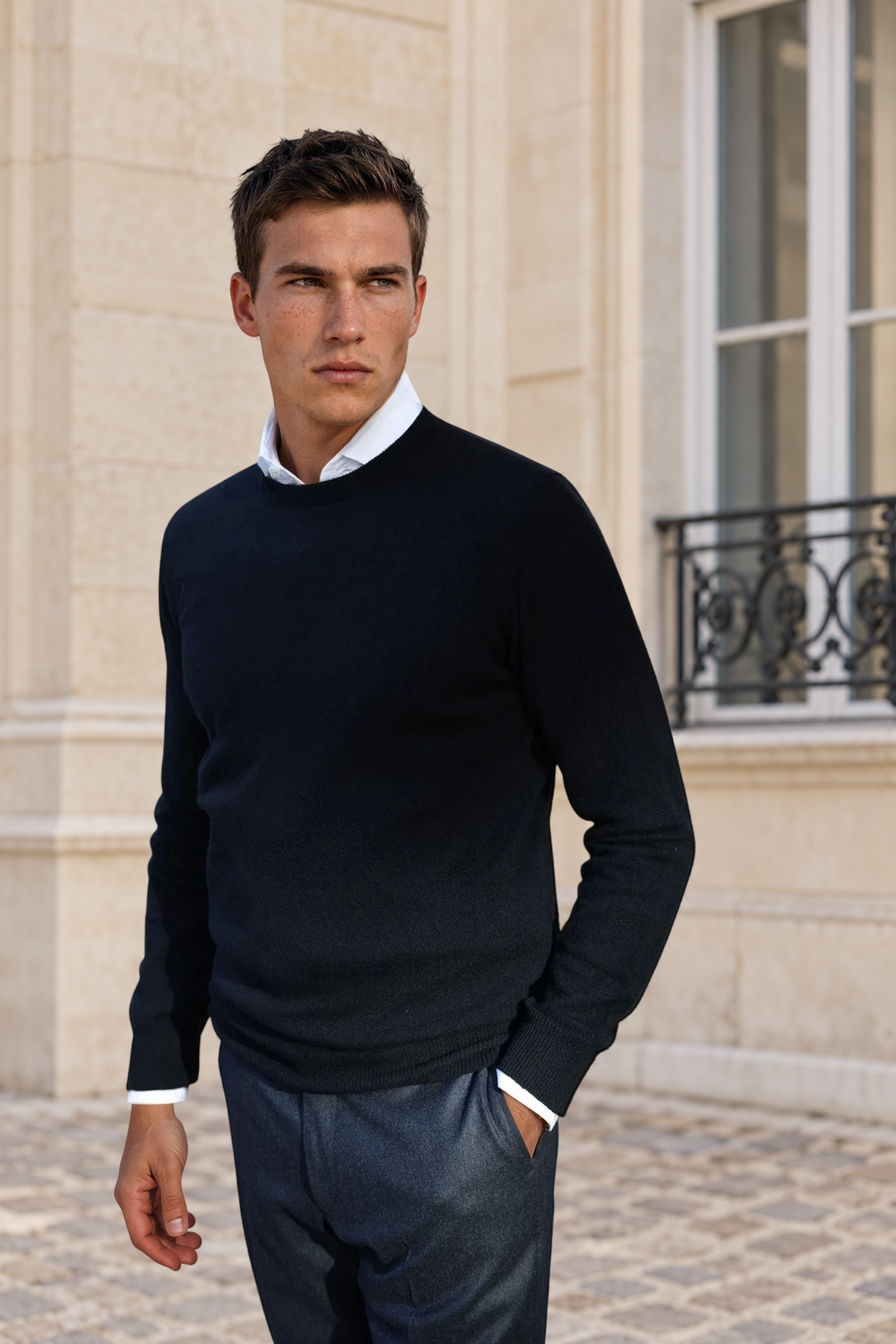 Pull Col Rond Ronan en Cachemire - Noir-PULL HOMME-Curling-Paris