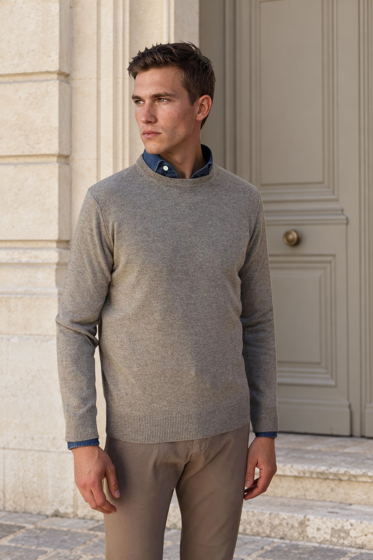 Pull Col Rond Ronan en Cachemire - Taupe-PULL HOMME-Curling-Paris