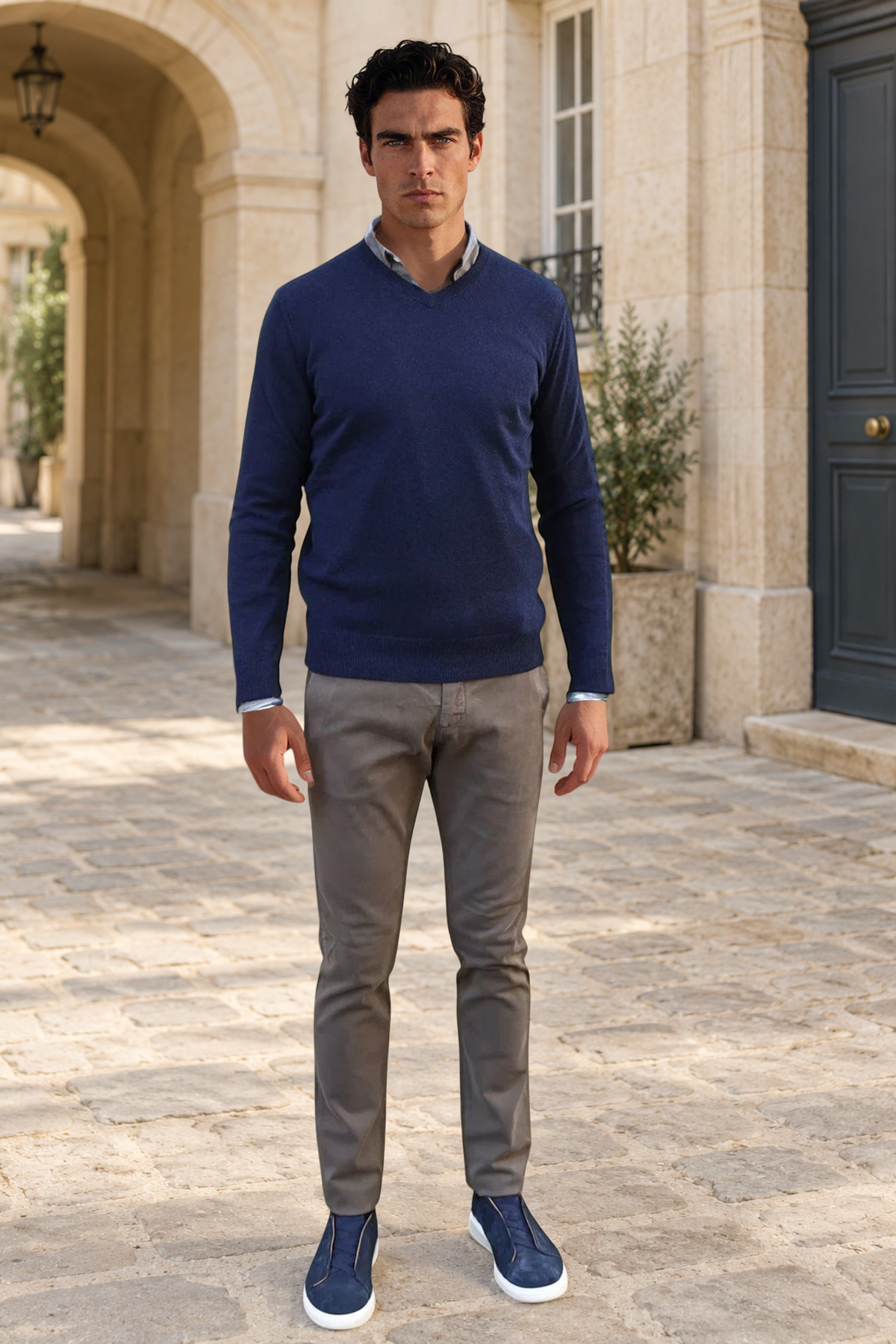 Pull Elijah col V 100% cachemire - Marine-PULL HOMME-Curling-Paris