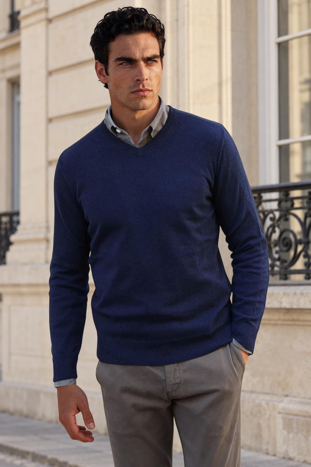 Pull Elijah col V 100% cachemire - Marine-PULL HOMME-Curling-Paris