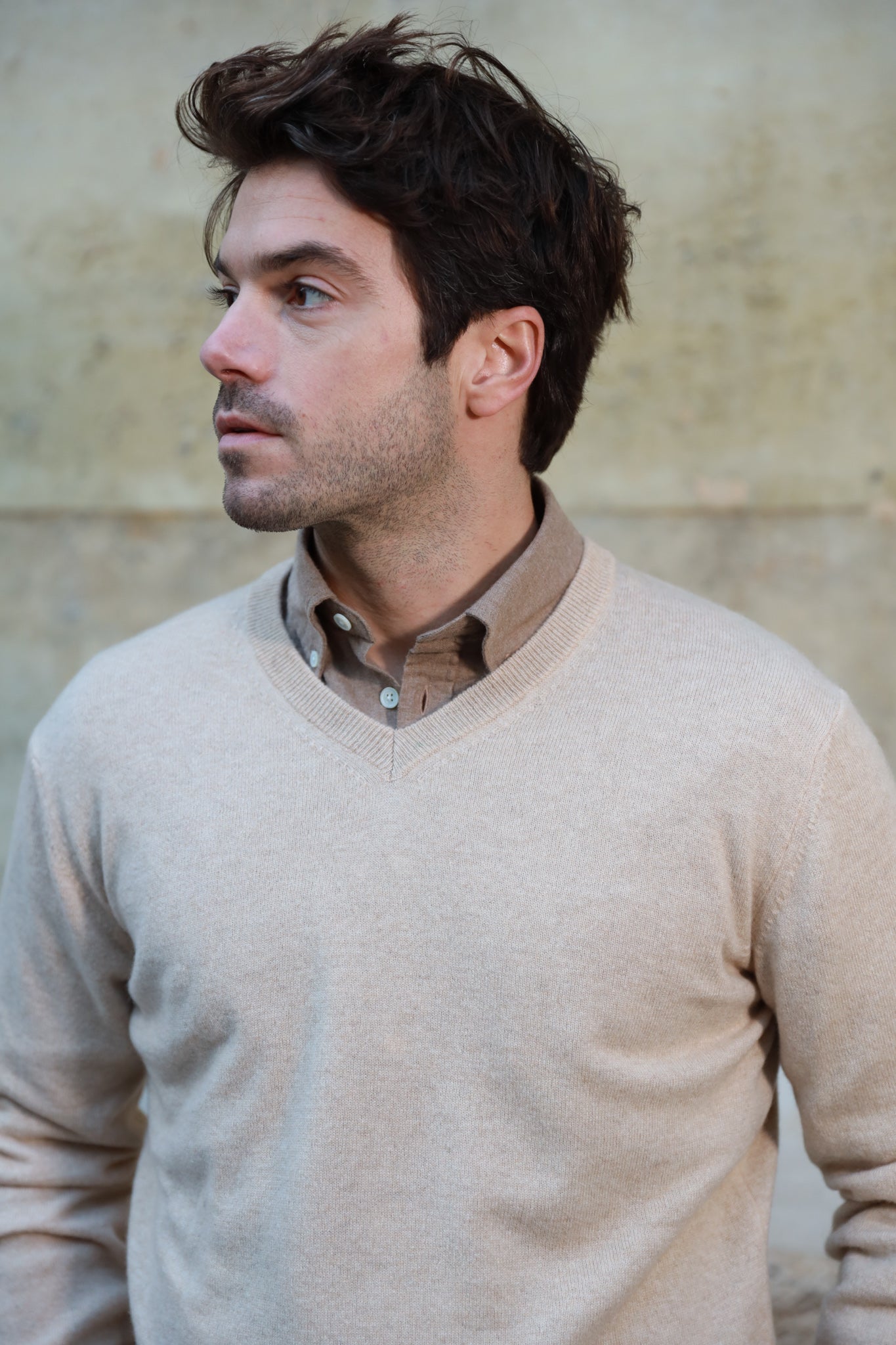 Pull Elijah col v 100 % cachemire - Beige-PULL HOMME-Curling-Paris